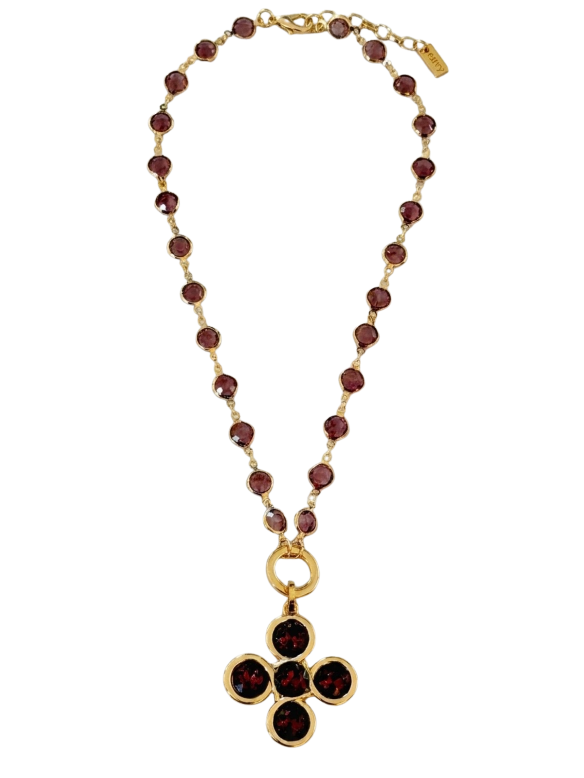 Envy 620 Stone & Clover Necklace with faceted stone detailing, long chain design and clover-inspired pendant.