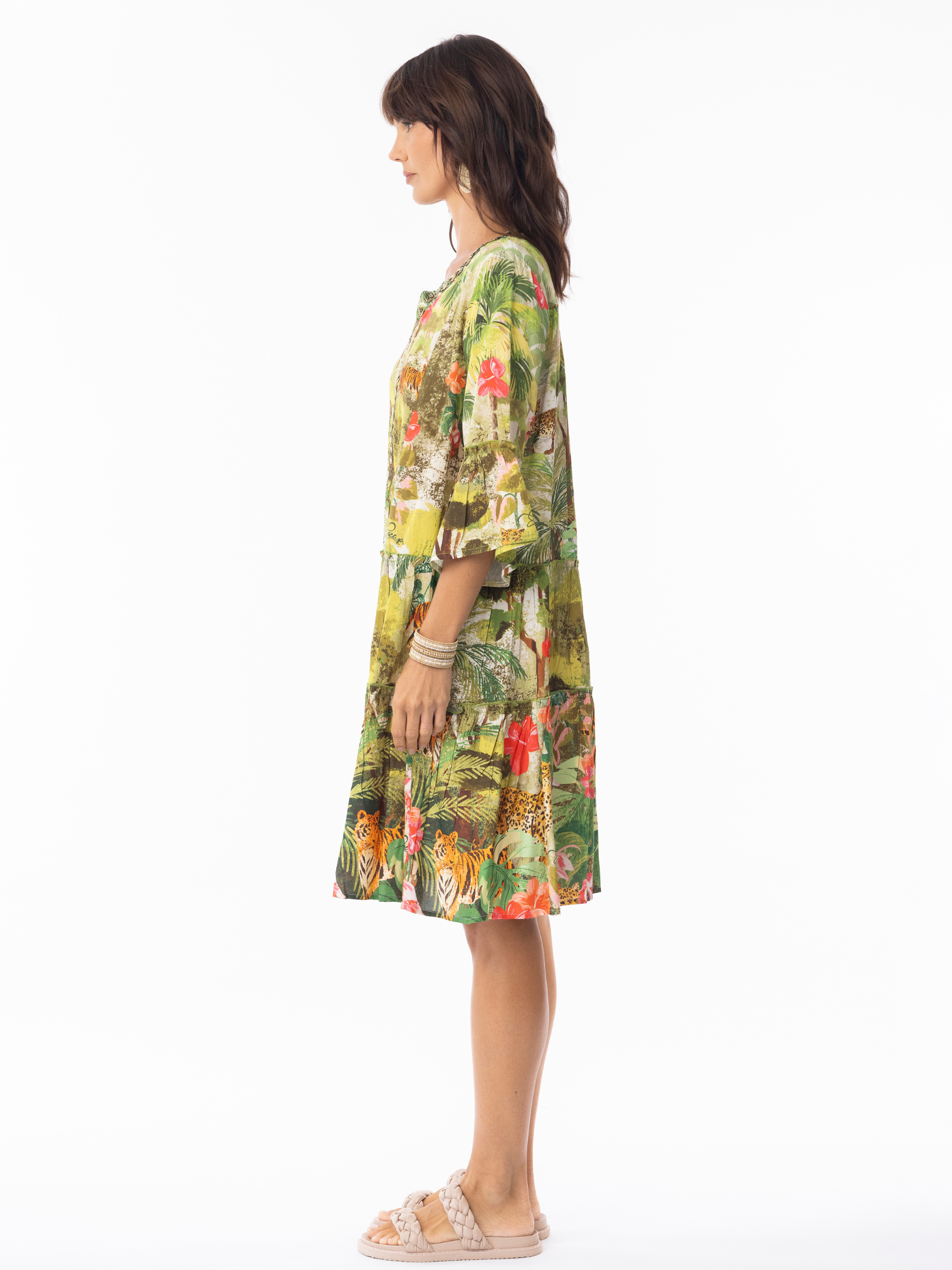 Escape 10051 Cecilia Dress with notch neckline, three-quarter sleeves and tiered A-line silhouette in vibrant jungle-inspired print.