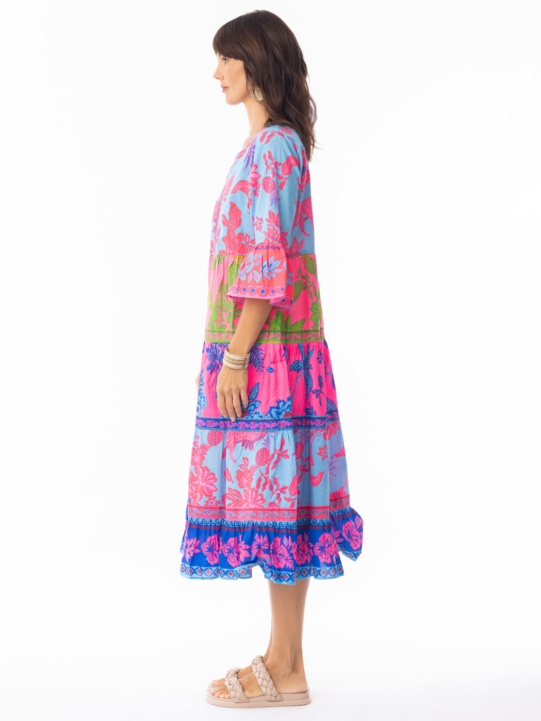 Escape 10054 Lidia Dress with notch V-neckline, three-quarter fluted sleeves and tiered A-line mid-calf silhouette in mixed print design.