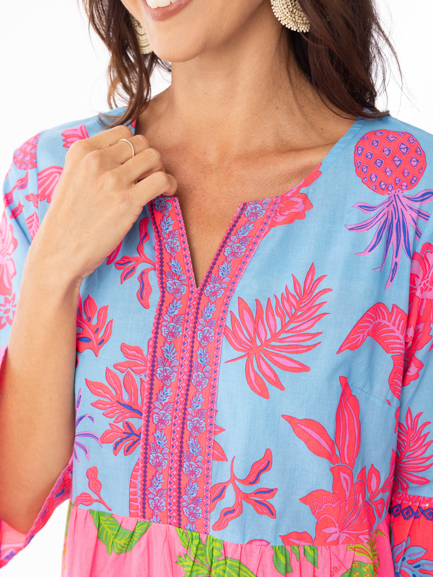 Escape 10054 Lidia Dress with notch V-neckline, three-quarter fluted sleeves and tiered A-line mid-calf silhouette in mixed print design.