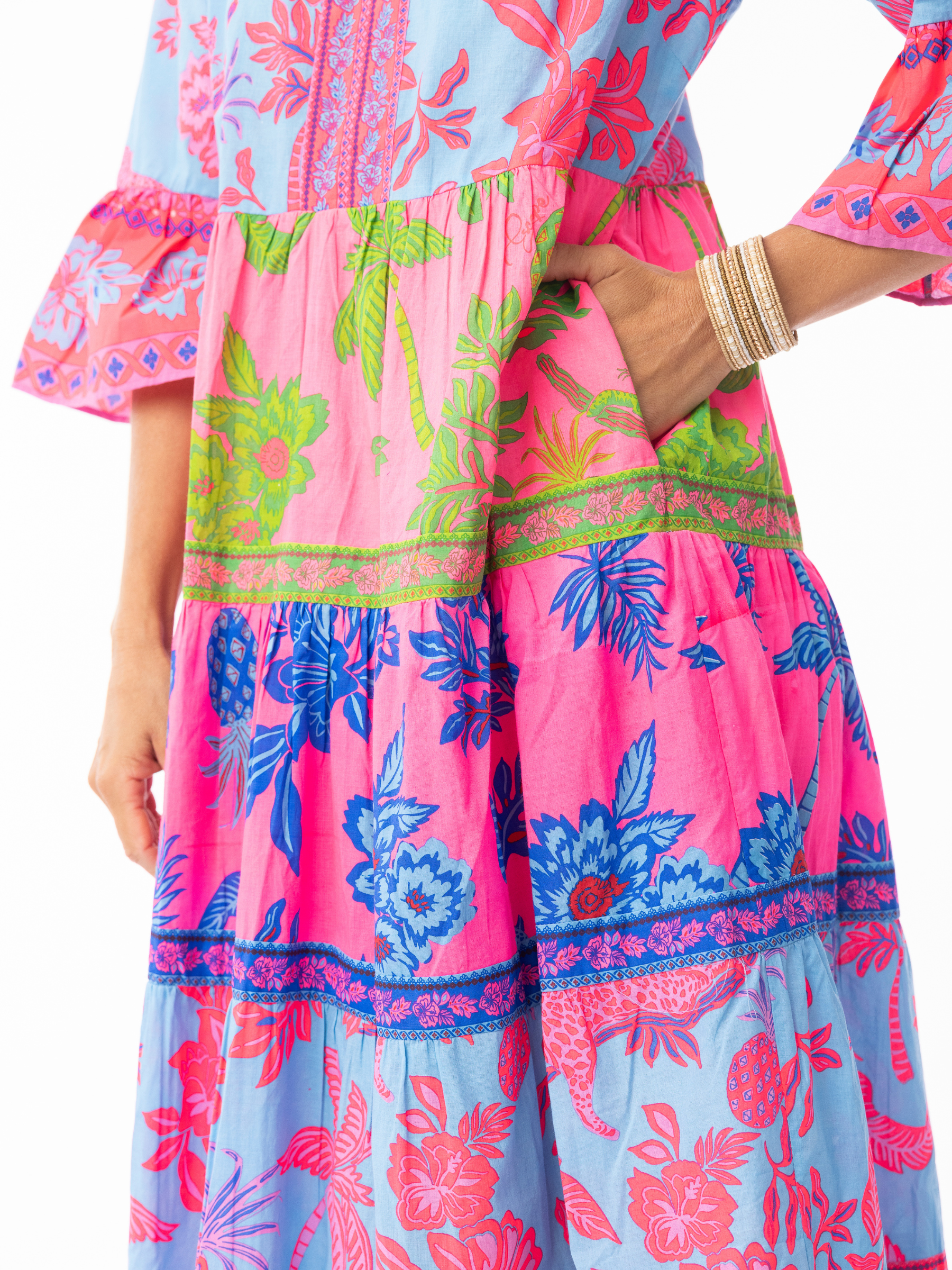 Escape 10054 Lidia Dress with notch V-neckline, three-quarter fluted sleeves and tiered A-line mid-calf silhouette in mixed print design.