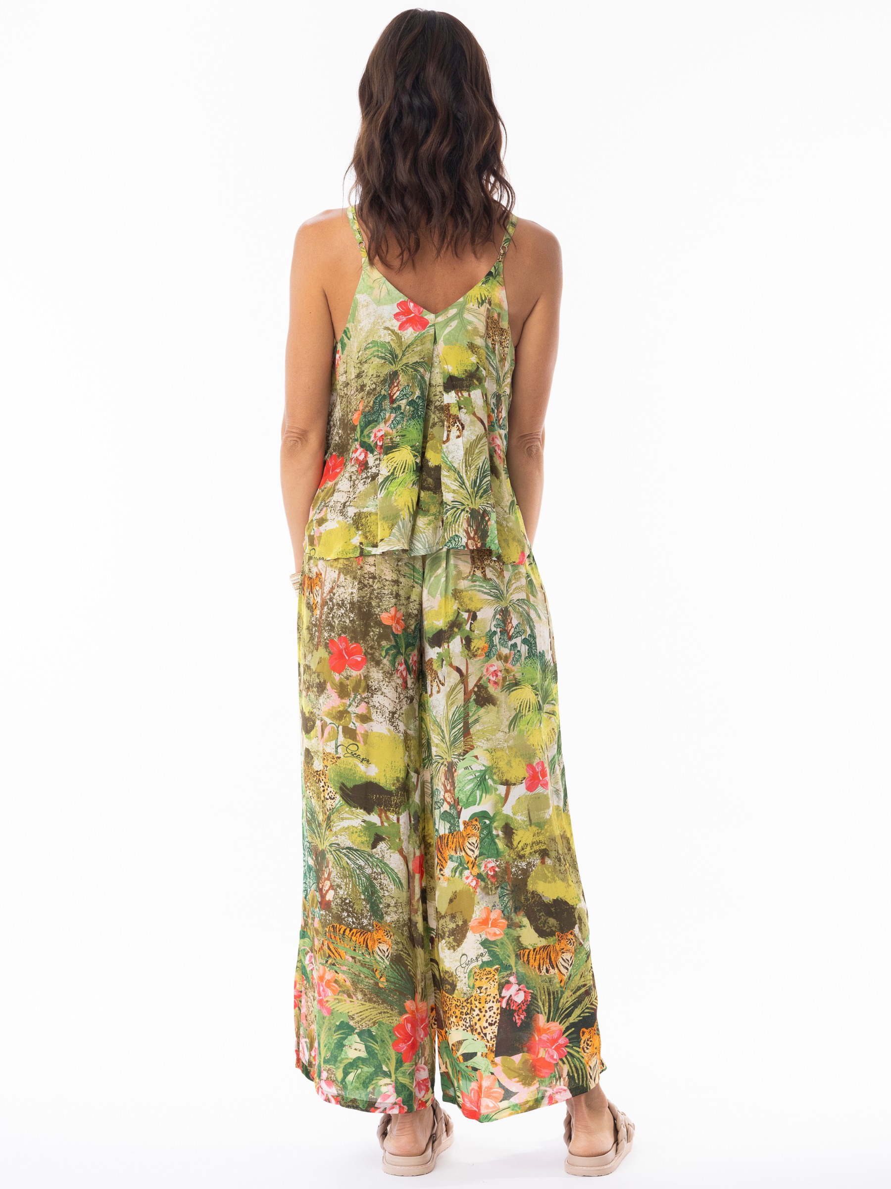 Escape 16003 Cecilia wide-leg trousers with elasticated waistband and vibrant jungle-inspired print, styled with matching cami top.