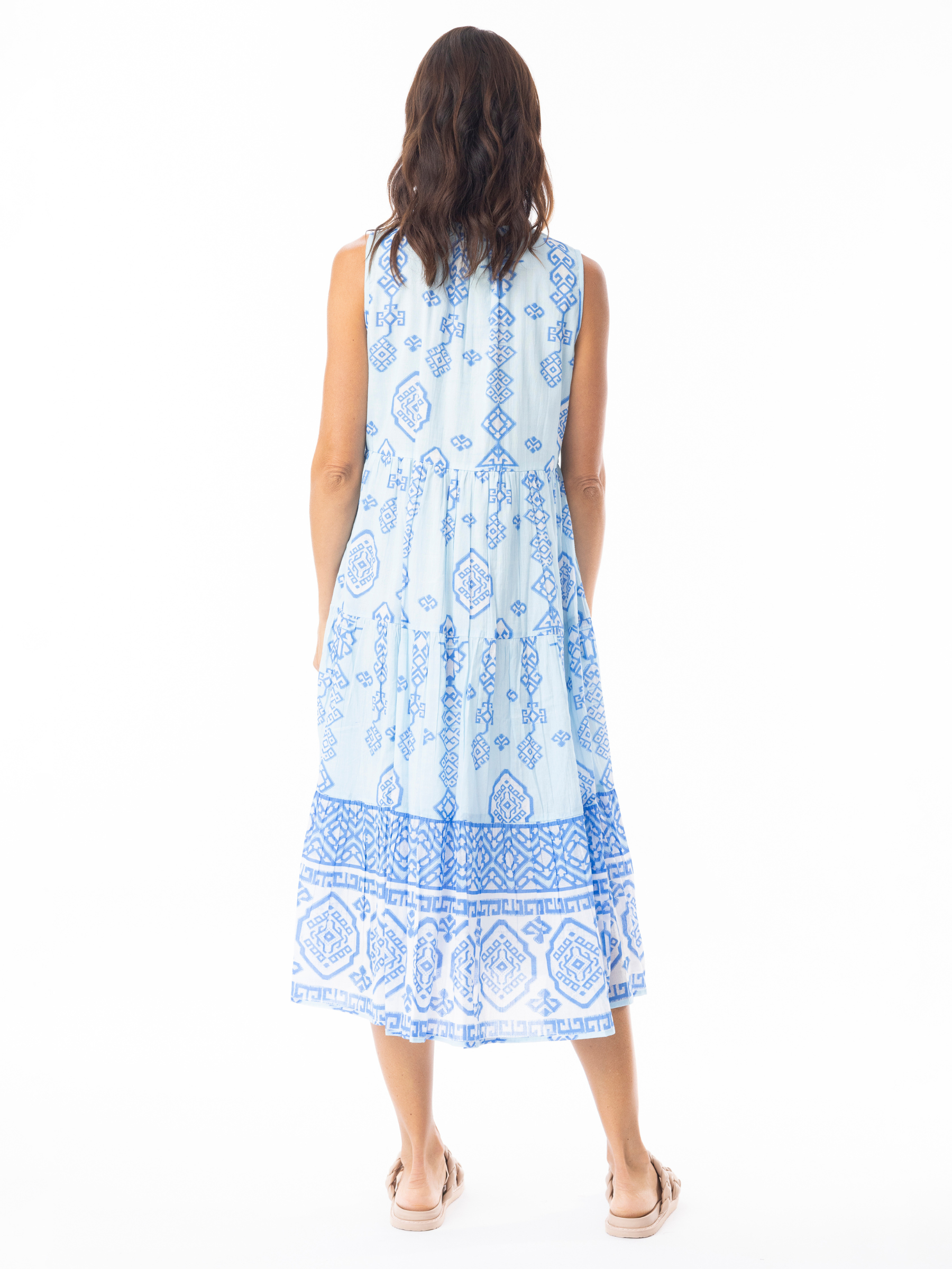 Escape 40141 Carla Dress sleeveless tiered A-line dress with notch V-neckline, button and tassel detail, and mid-calf length in printed design.