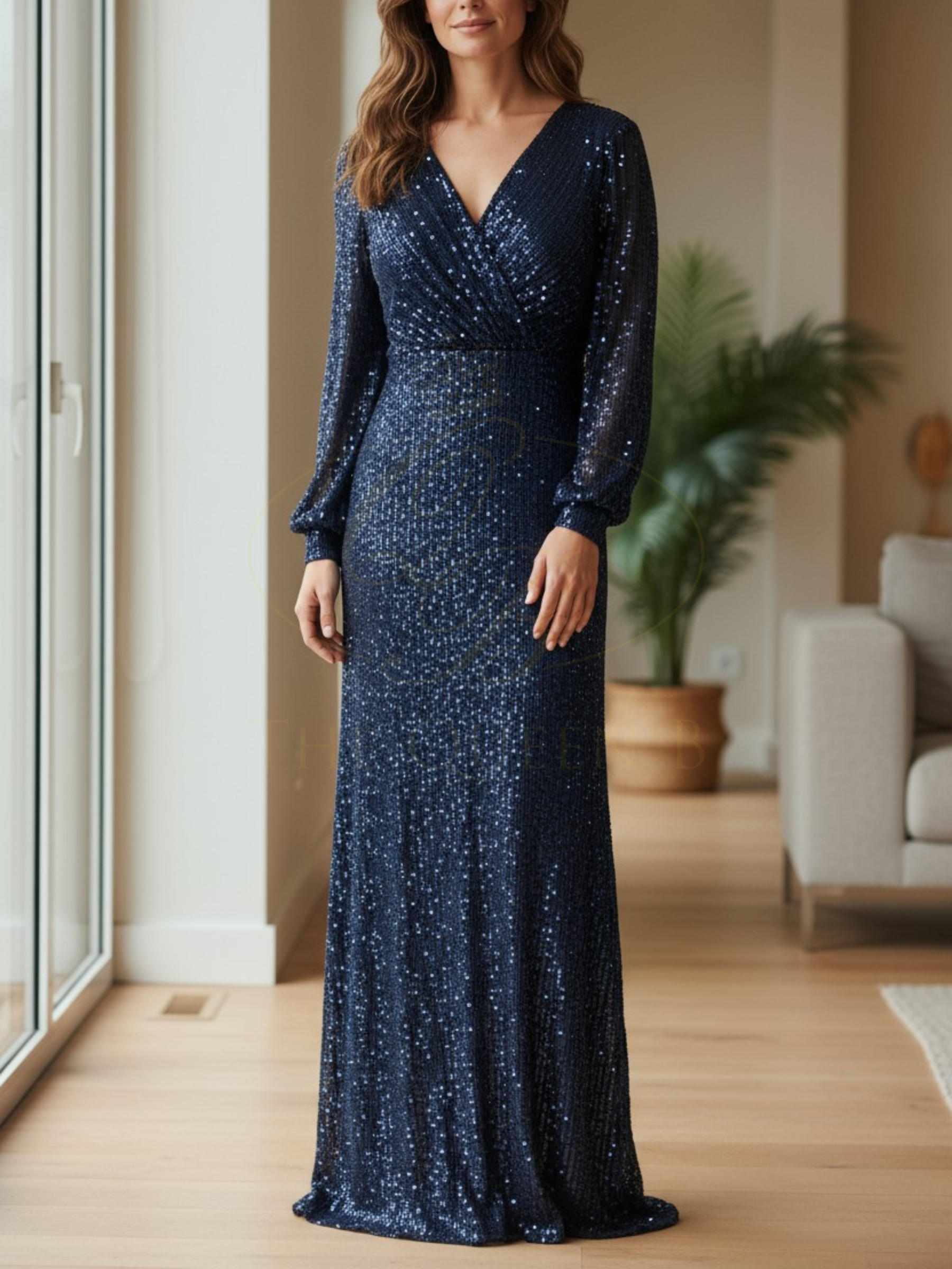 Frank Lyman 239808U Navy Sequin Dress – full-length evening gown with V-neckline, long sleeves, and flattering wrap-style fit. Elegant navy blue sequin occasion dress perfect for black-tie events and special occasions.