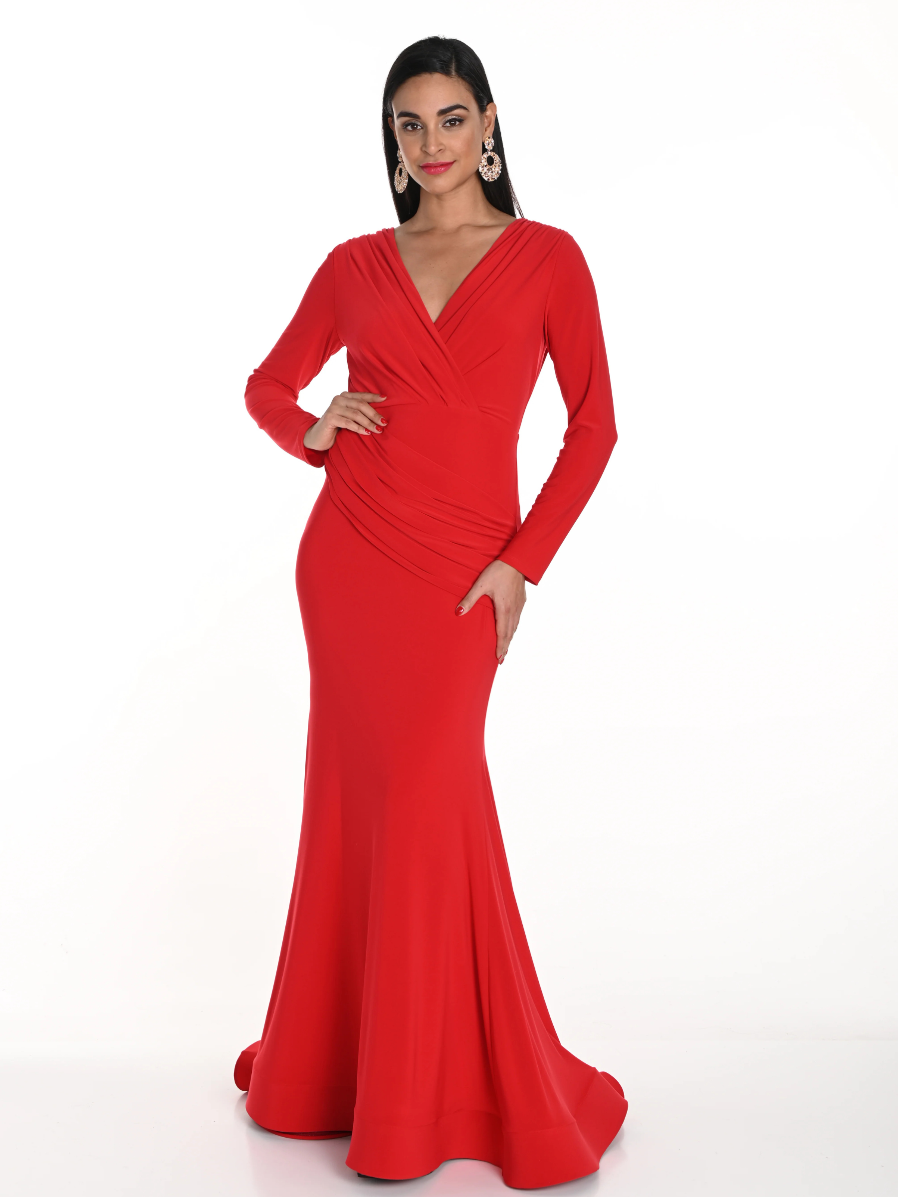 Frank Lyman 249005 Red Evening Dress – elegant long red gown with V-neckline, ruched waist, and fishtail hem. Perfect for black-tie events, formal occasions, and evening glamour.