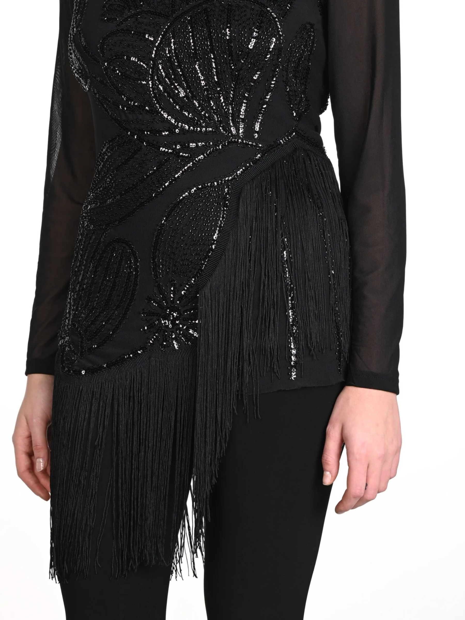 Frank Lyman 249413U Black Tassel Top – women’s sequin tassel top with long sleeves and elegant sparkle detail. Perfect for party wear, evening styling, and special occasion outfits.