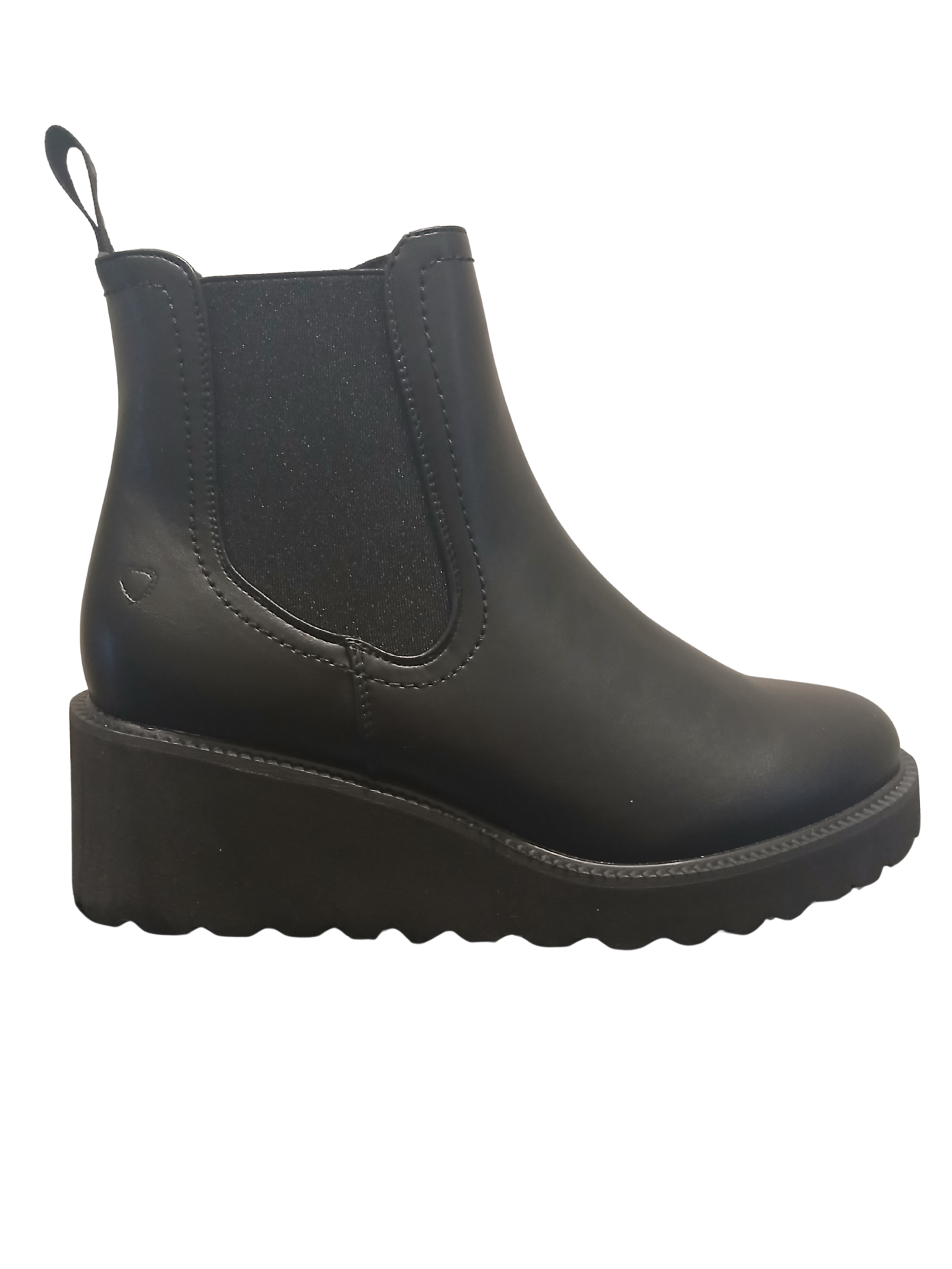 Heavenly Feet Clematis Black Chelsea boots with wedge sole, faux leather upper, elastic side panels and cushioned lining – stylish vegan-friendly ankle boots.