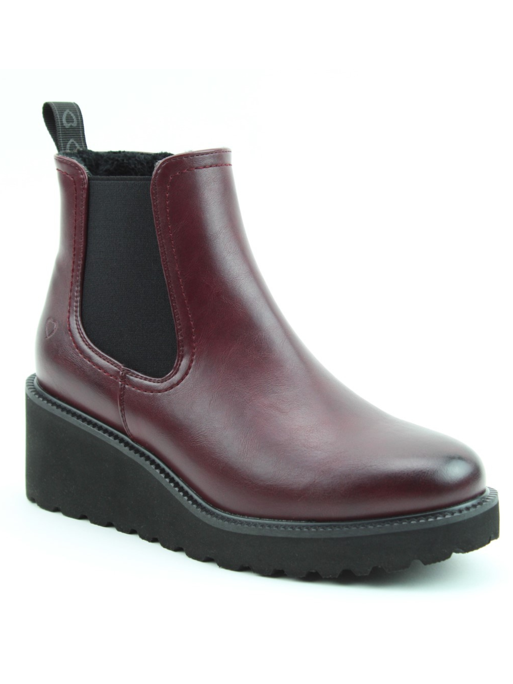 Heavenly Feet Clematis plum Chelsea boots with wedge sole, faux leather upper, elastic side panels and cushioned lining – stylish vegan-friendly ankle boots.
