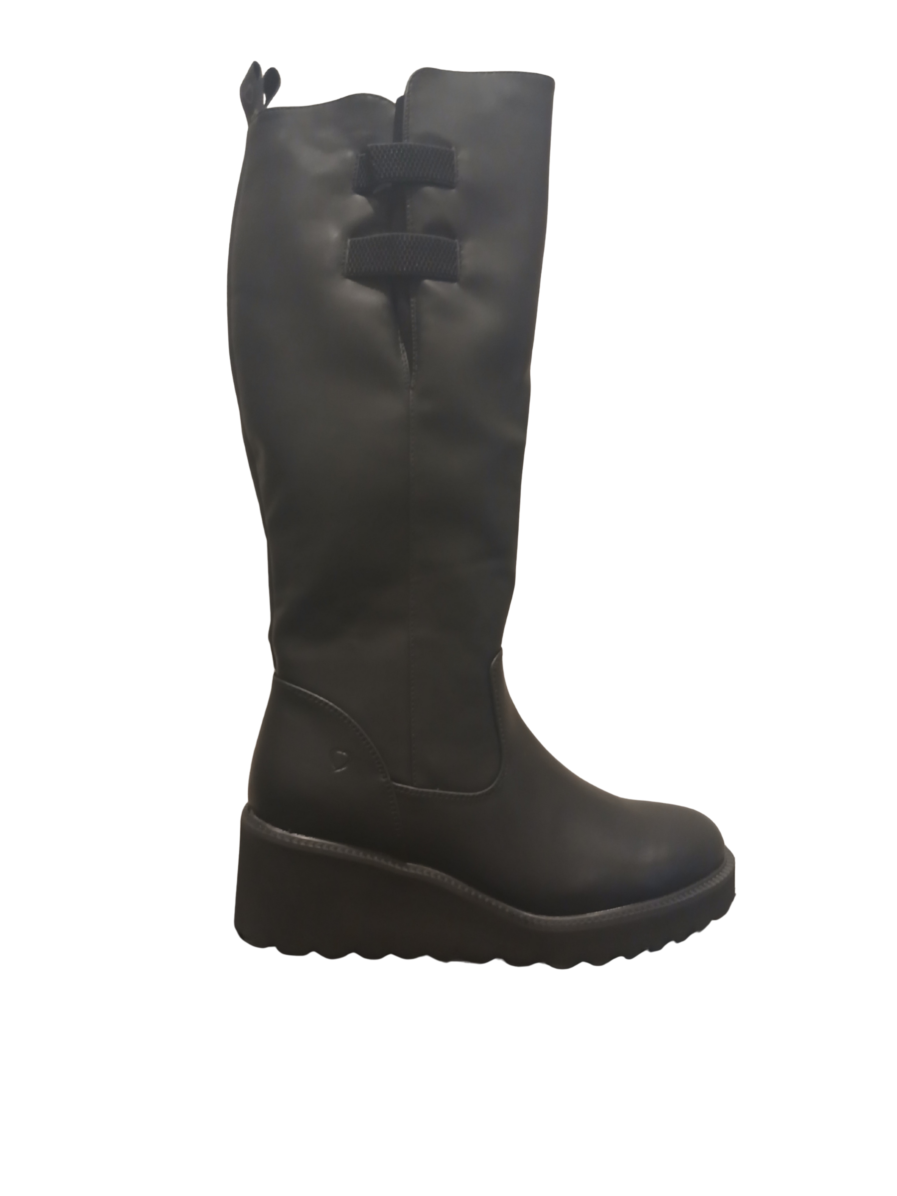 Heavenly Feet Foxtail Black knee-high wedge boots with faux leather finish, elasticated back panel, side zip and rugged sole - stylish women’s winter boots.