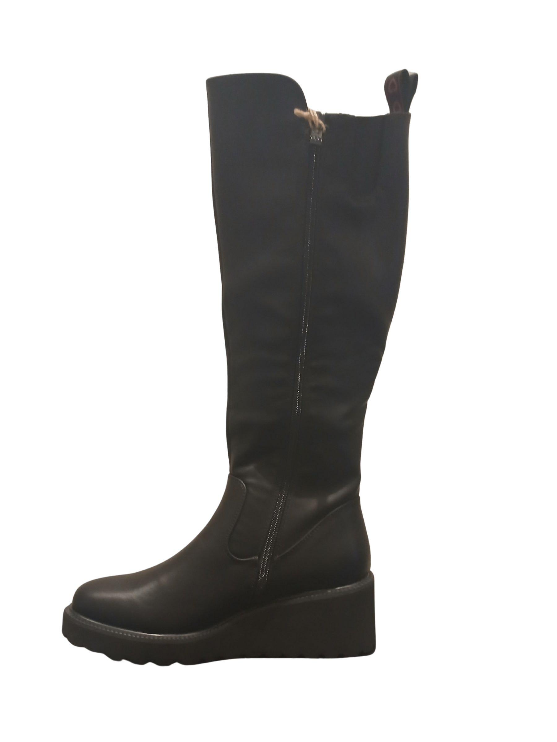 Heavenly Feet Foxtail Black knee-high wedge boots with faux leather finish, elasticated back panel, side zip and rugged sole - stylish women’s winter boots.