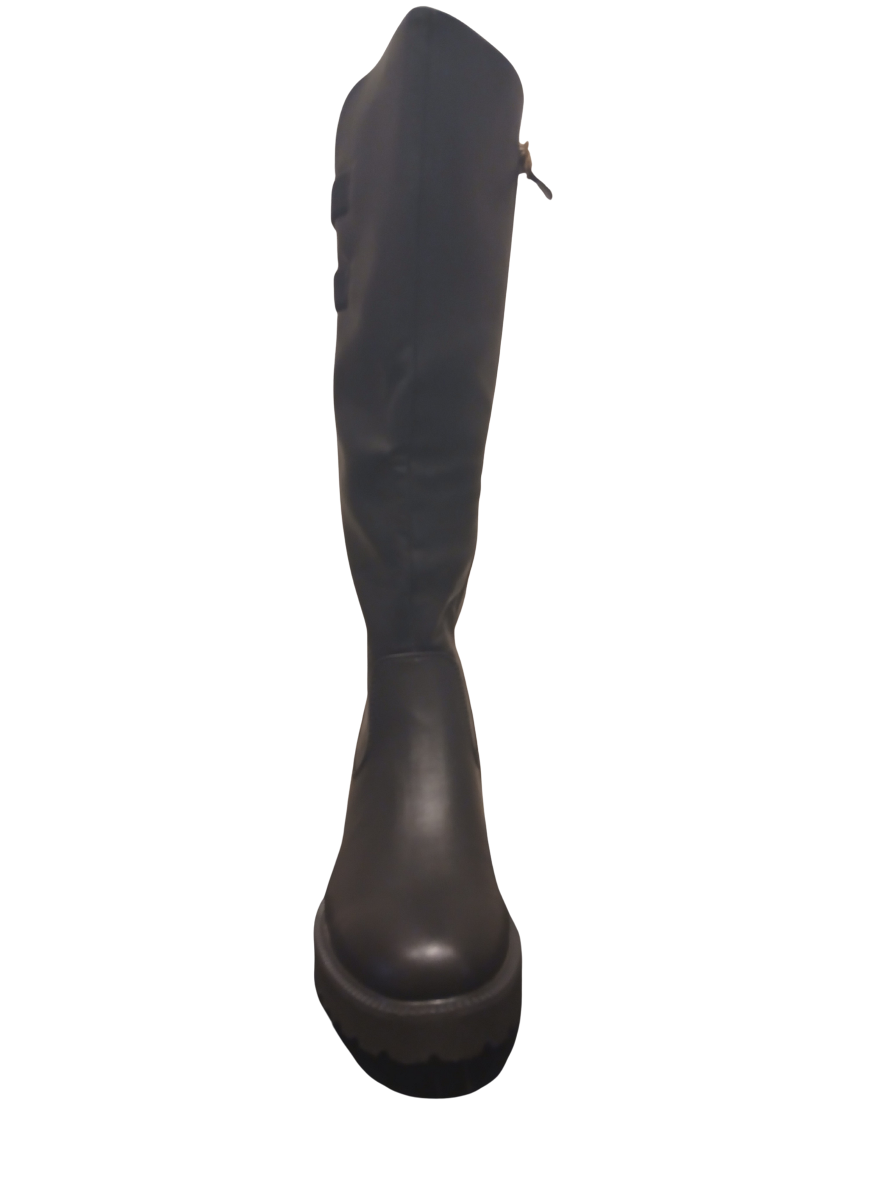 Heavenly Feet Foxtail Black knee-high wedge boots with faux leather finish, elasticated back panel, side zip and rugged sole - stylish women’s winter boots.
