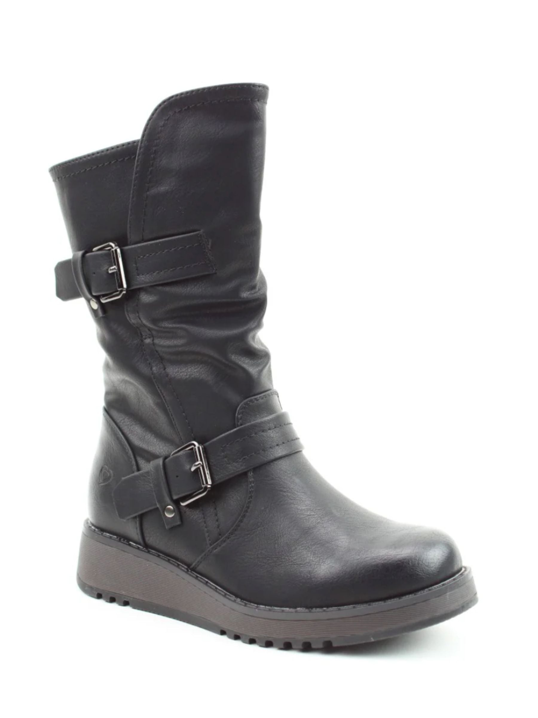Heavenly Feet Hannah4 black vegan-friendly mid-calf boots with faux leather upper, twin buckle straps, side zip, memory foam footbed and wedge sole.