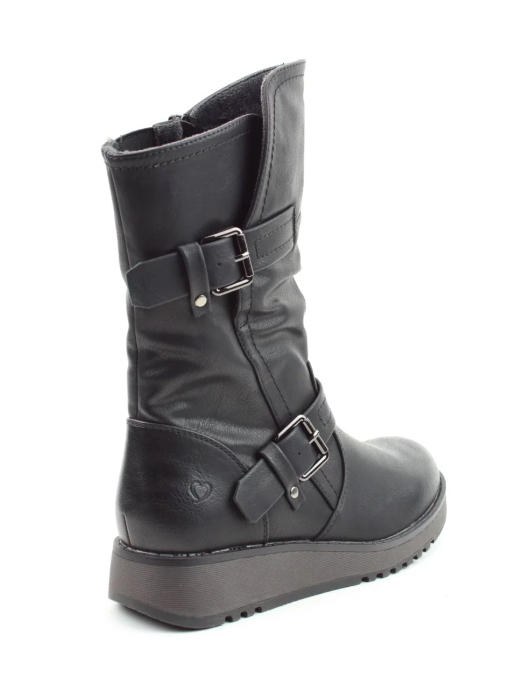 Heavenly Feet Hannah4 black vegan-friendly mid-calf boots with faux leather upper, twin buckle straps, side zip, memory foam footbed and wedge sole.