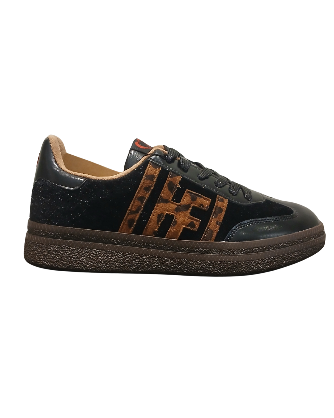 Heavenly Feet Steffi Black Tan Leopard trainers – stylish women’s lace-up animal print shoes with cushioned insole, lightweight sole and signature HF branding. Perfect for casual chic and everyday comfort.