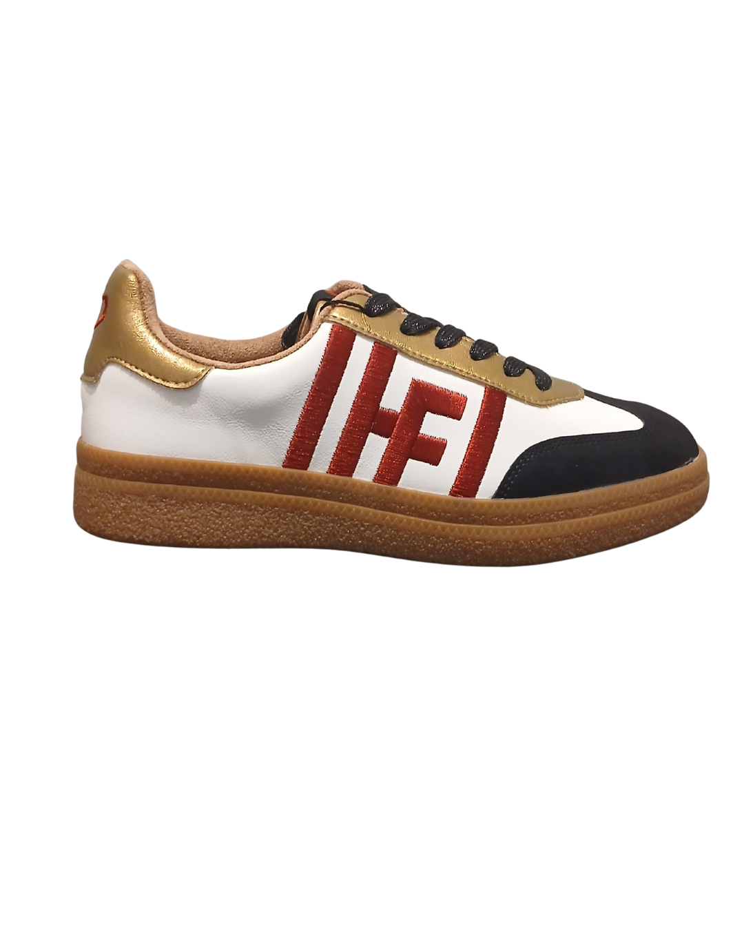 Heavenly Feet Steffi White Black Gold women’s trainers with red HF logo, stylish lace-up sneakers with cushioned insoles and lightweight sole.