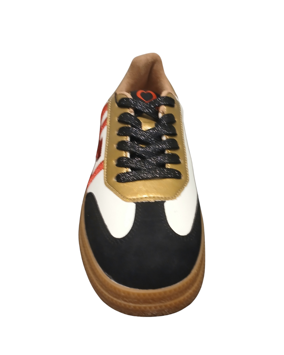 Heavenly Feet Steffi White Black Gold women’s trainers with red HF logo, stylish lace-up sneakers with cushioned insoles and lightweight sole.