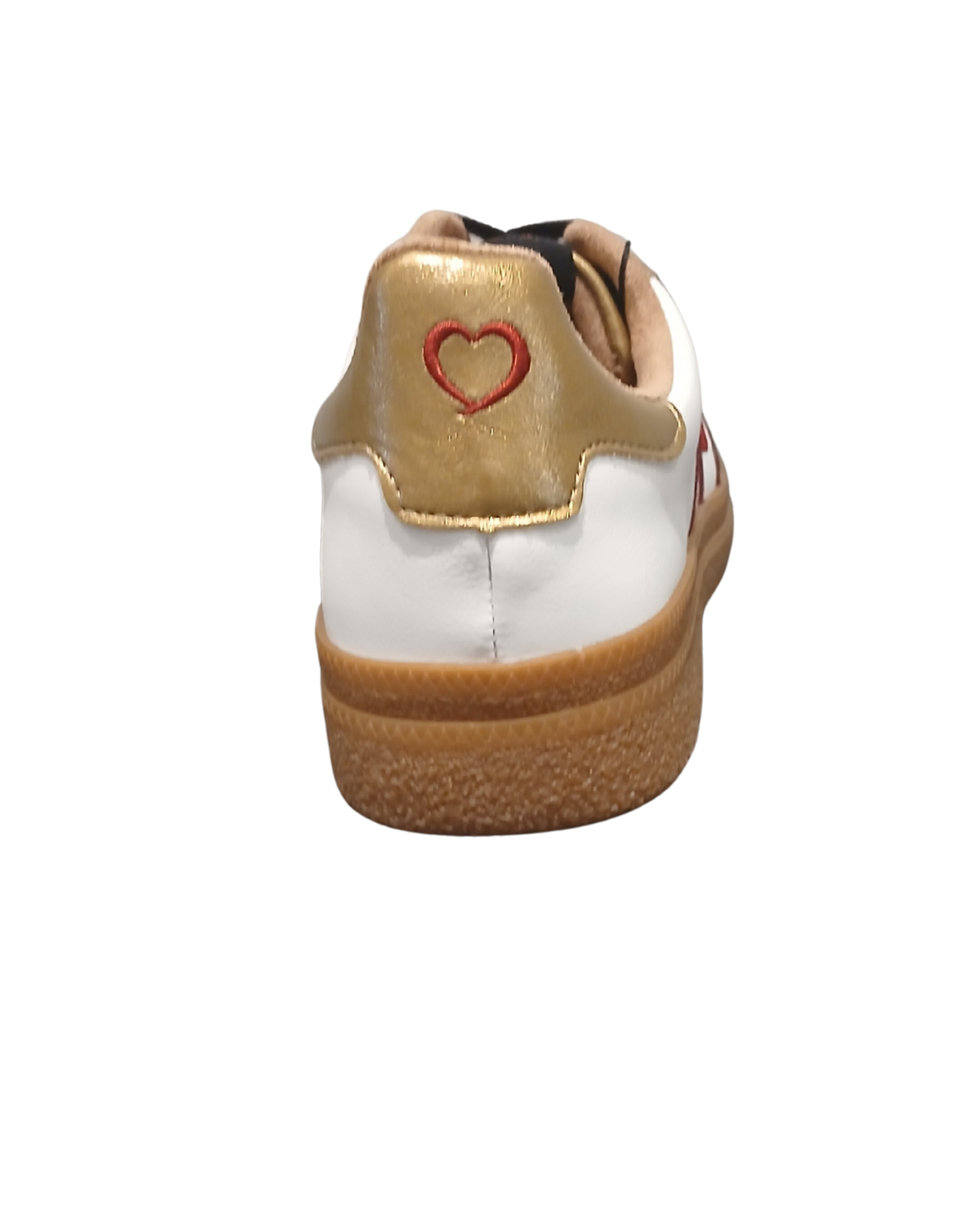 Heavenly Feet Steffi White Black Gold women’s trainers with red HF logo, stylish lace-up sneakers with cushioned insoles and lightweight sole.