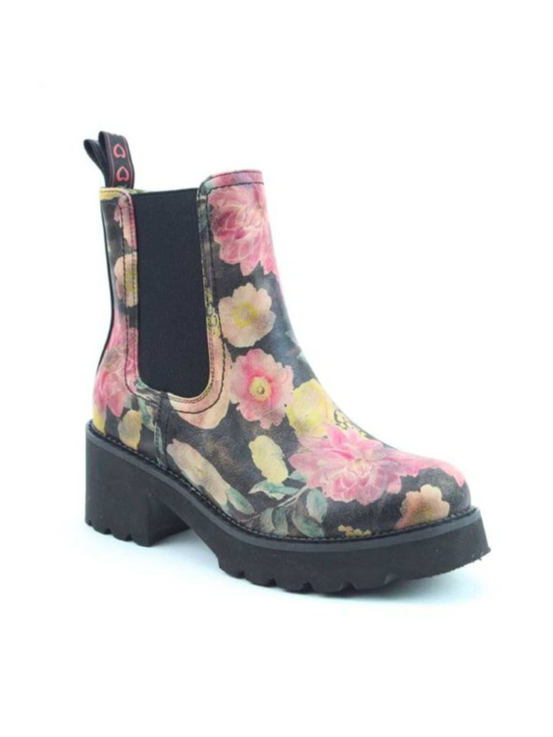Floral-patterned boot with a black sole on a white background