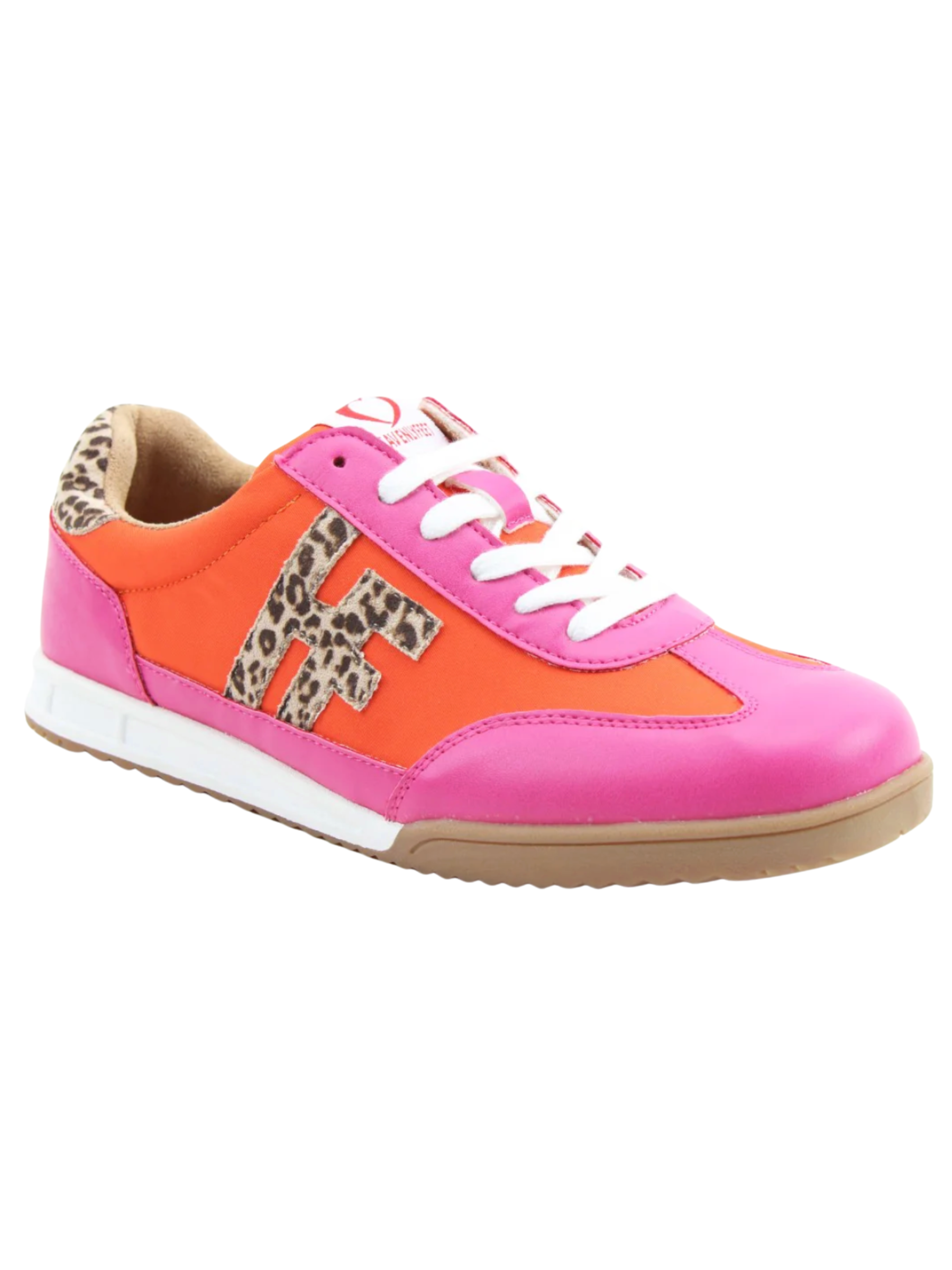 Heavenly Feet Bevan Fuchsia / Orange Trainers with leopard print detail and lace-up front.