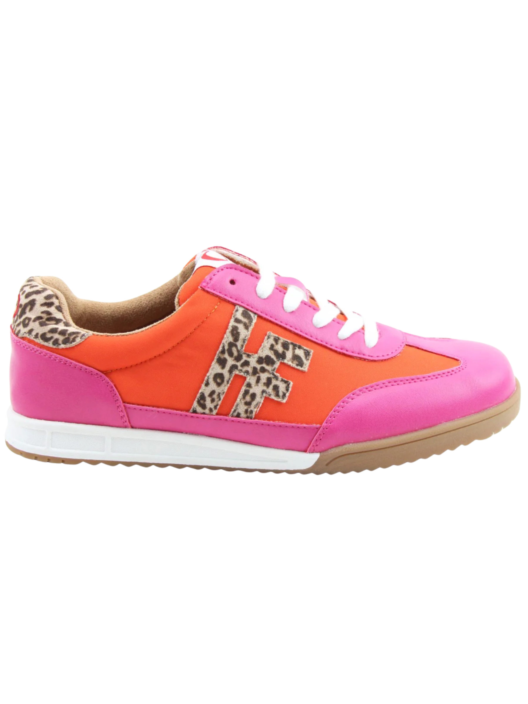 Heavenly Feet Bevan Fuchsia / Orange Trainers with leopard print detail and lace-up front.