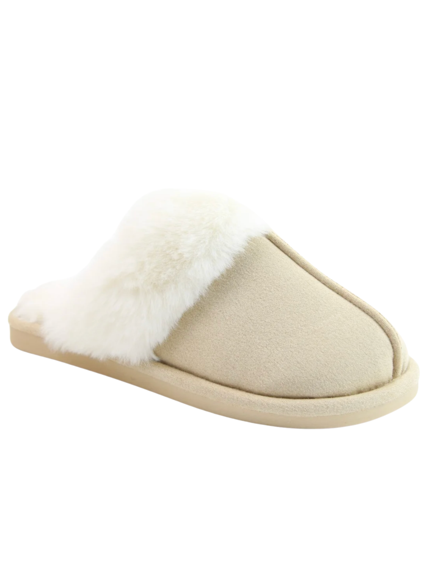 Heavenly Feet Fireside Beige Slippers with slip-on mule shape, soft textile upper and plush trim.