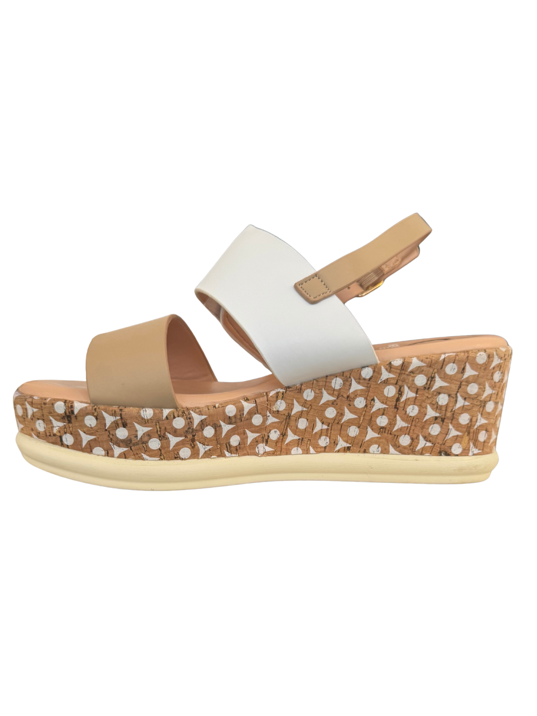 Heavenly Feet Morven sandals with wedge sole, wide straps and statement buckle detail.