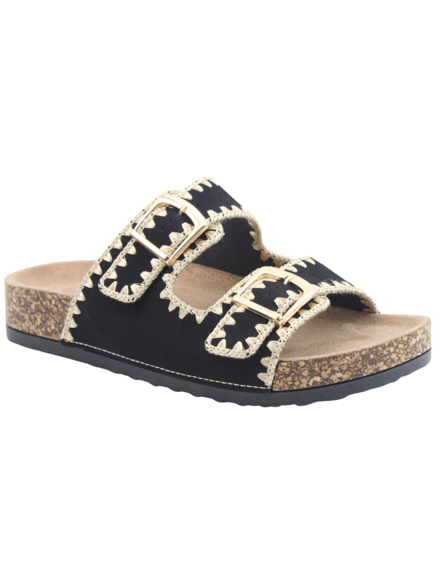 Heavenly Feet Sandy Black Sandals with double buckle straps and embroidered detail.