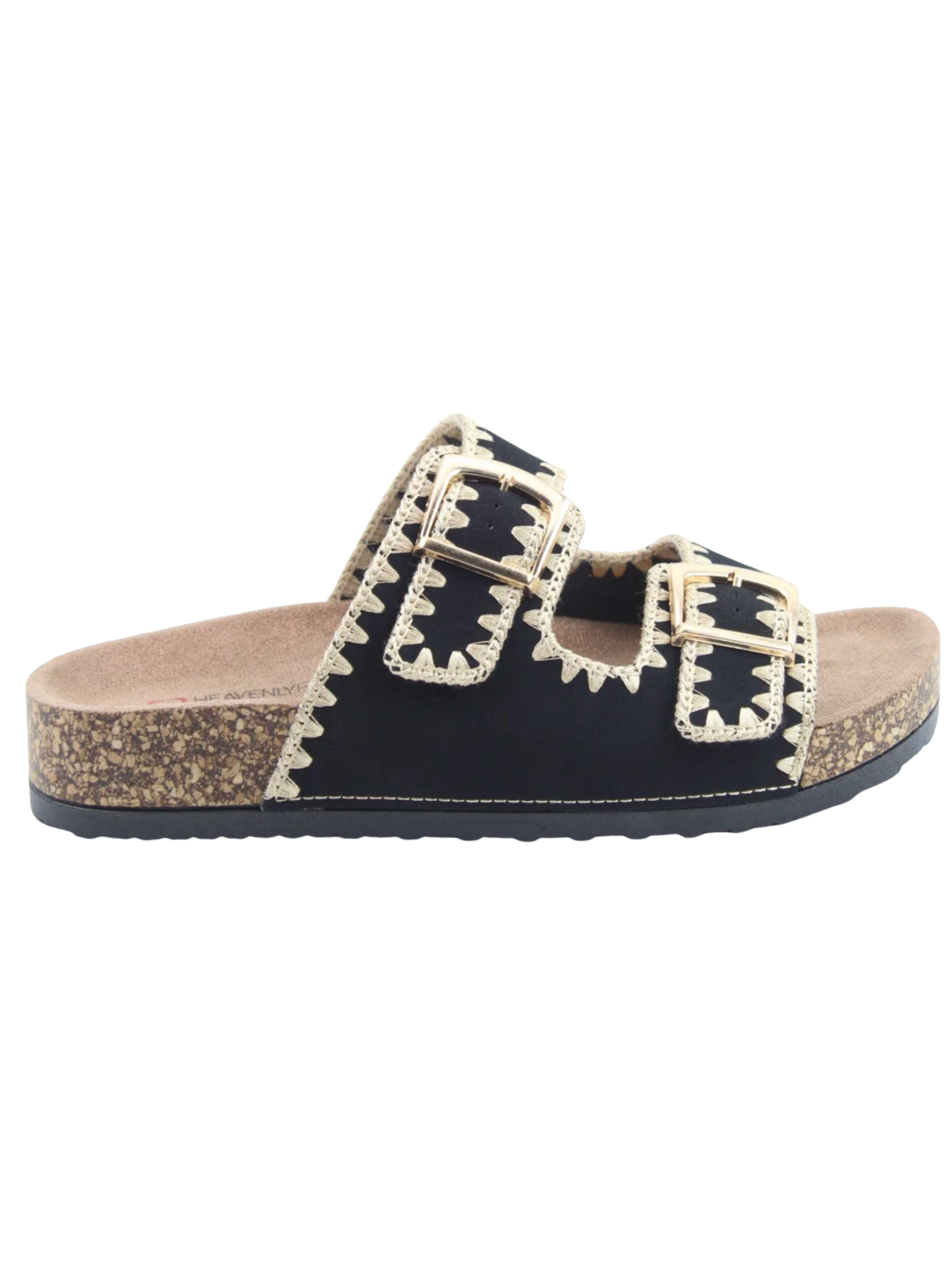 Heavenly Feet Sandy Black Sandals with double buckle straps and embroidered detail.