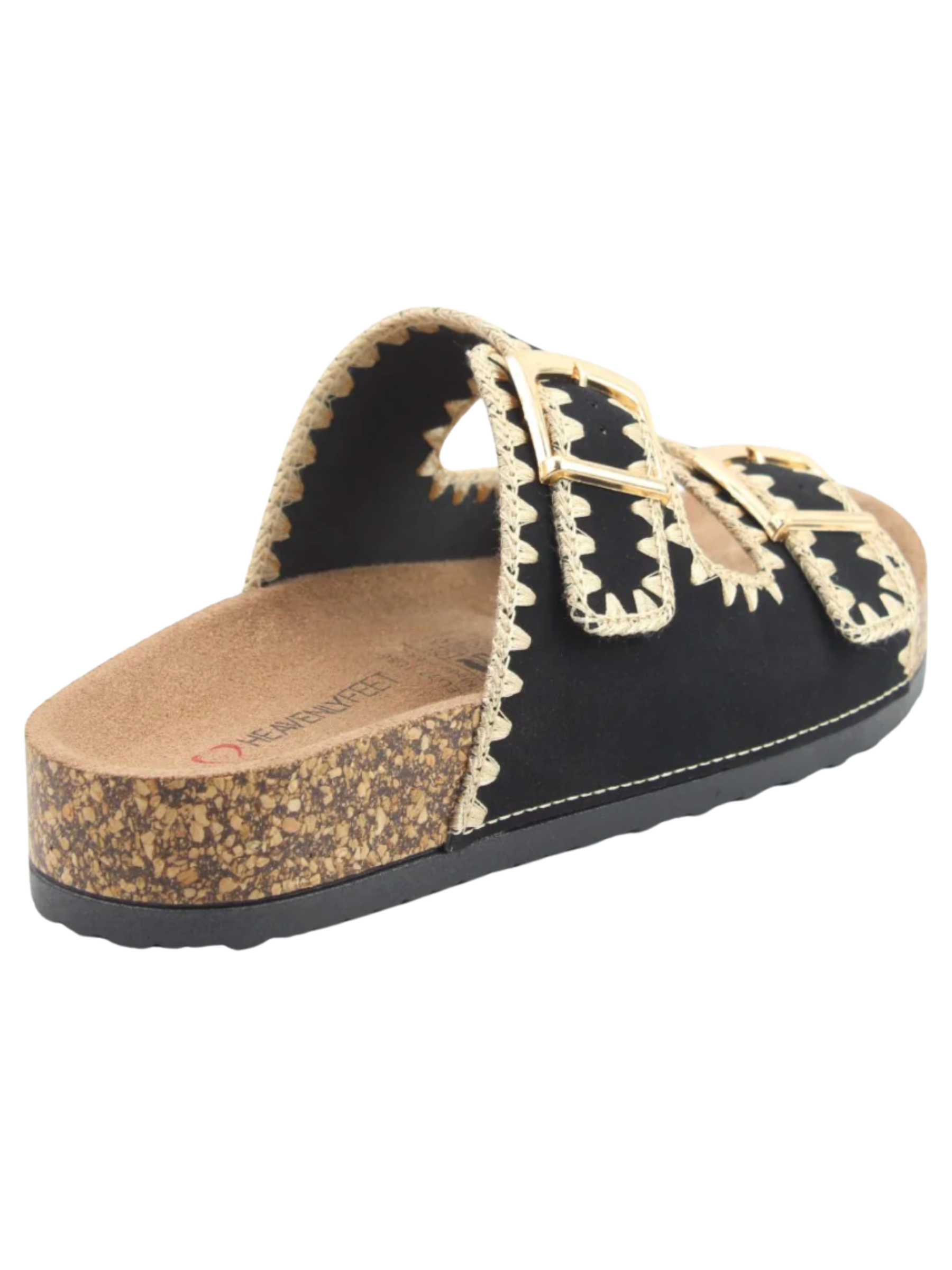 Heavenly Feet Sandy Black Sandals with double buckle straps and embroidered detail.