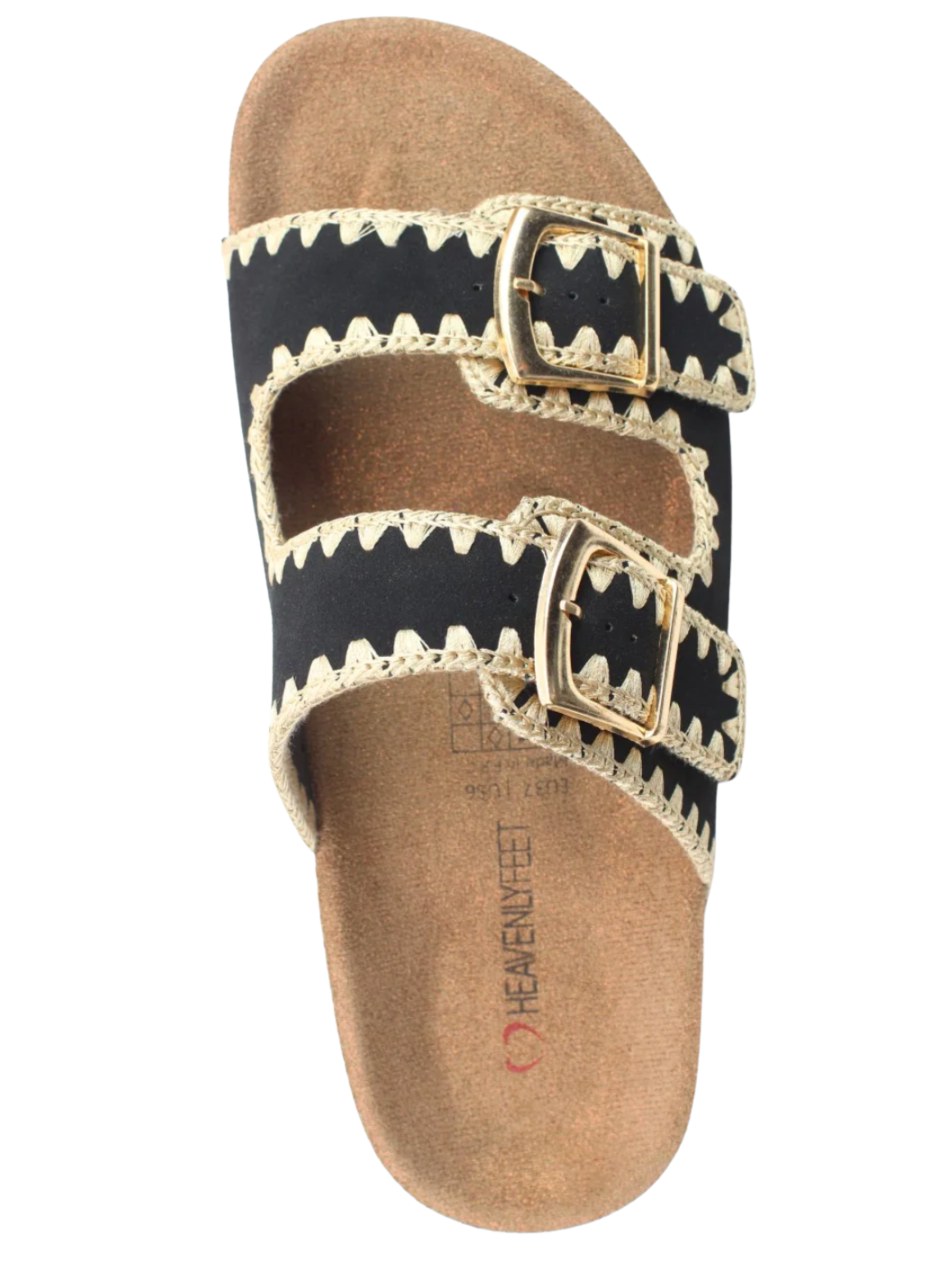Heavenly Feet Sandy Black Sandals with double buckle straps and embroidered detail.