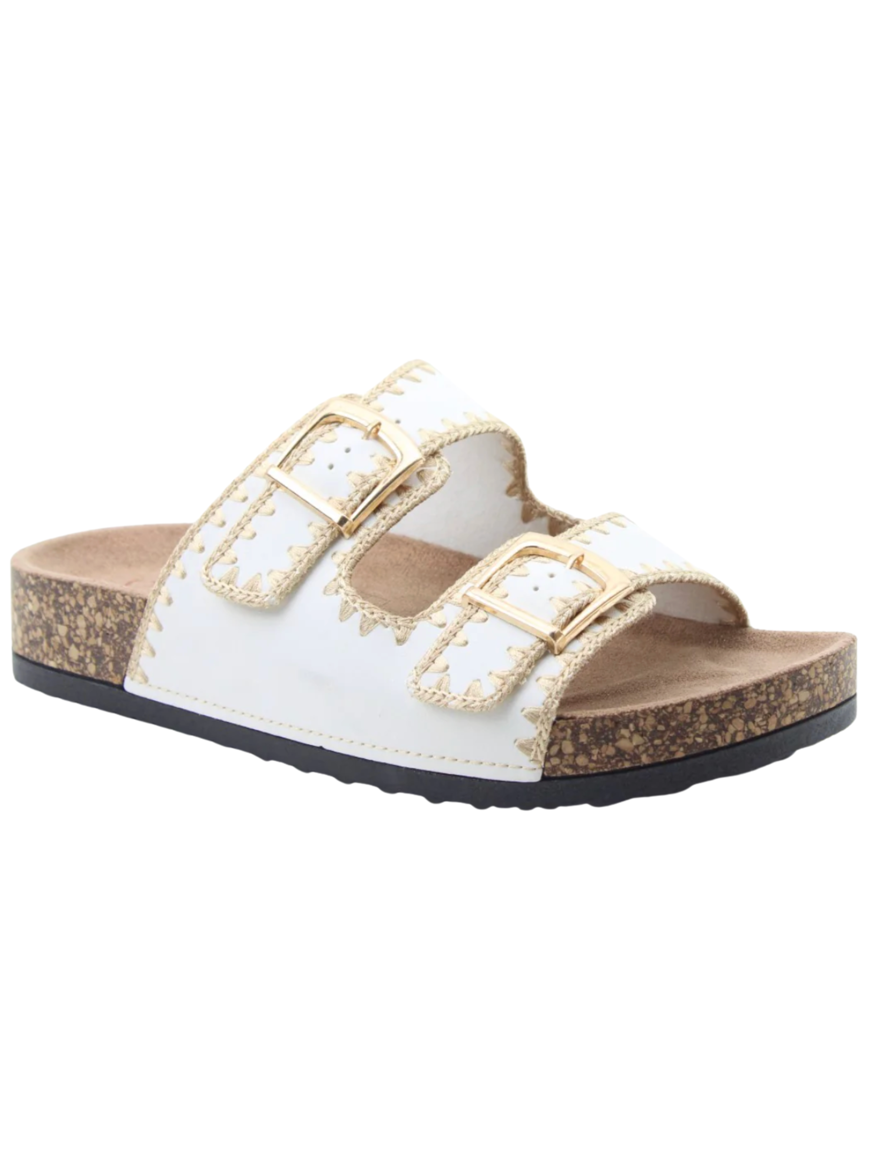 Heavenly Feet Sandy White Sandals with double buckle straps and embroidered detail.