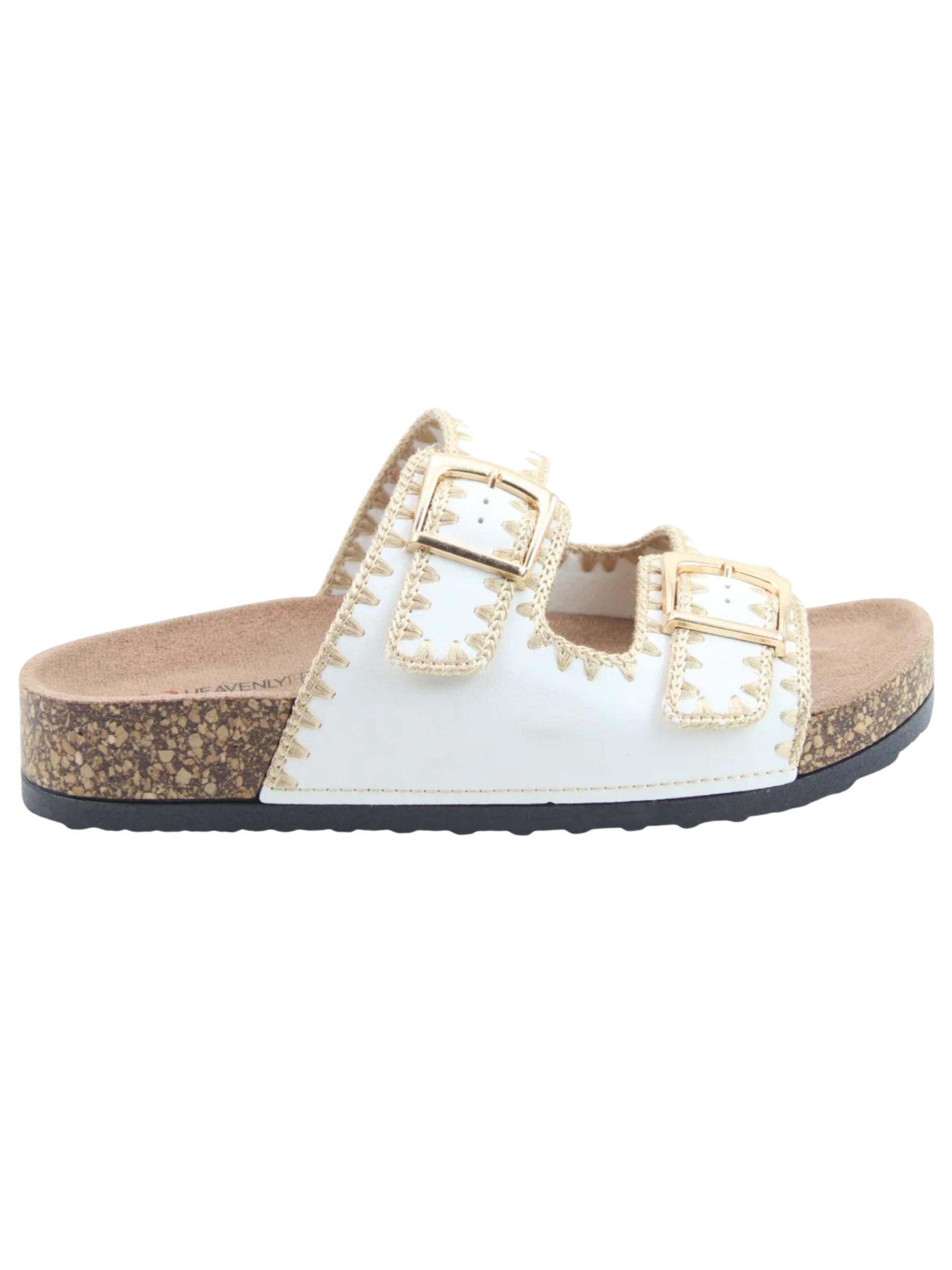 Heavenly Feet Sandy White Sandals with double buckle straps and embroidered detail.