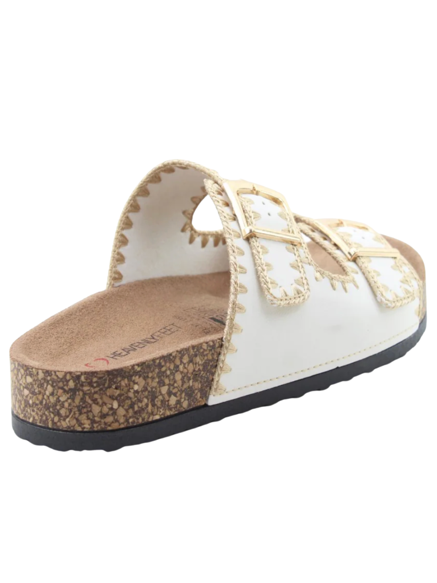 Heavenly Feet Sandy White Sandals with double buckle straps and embroidered detail.
