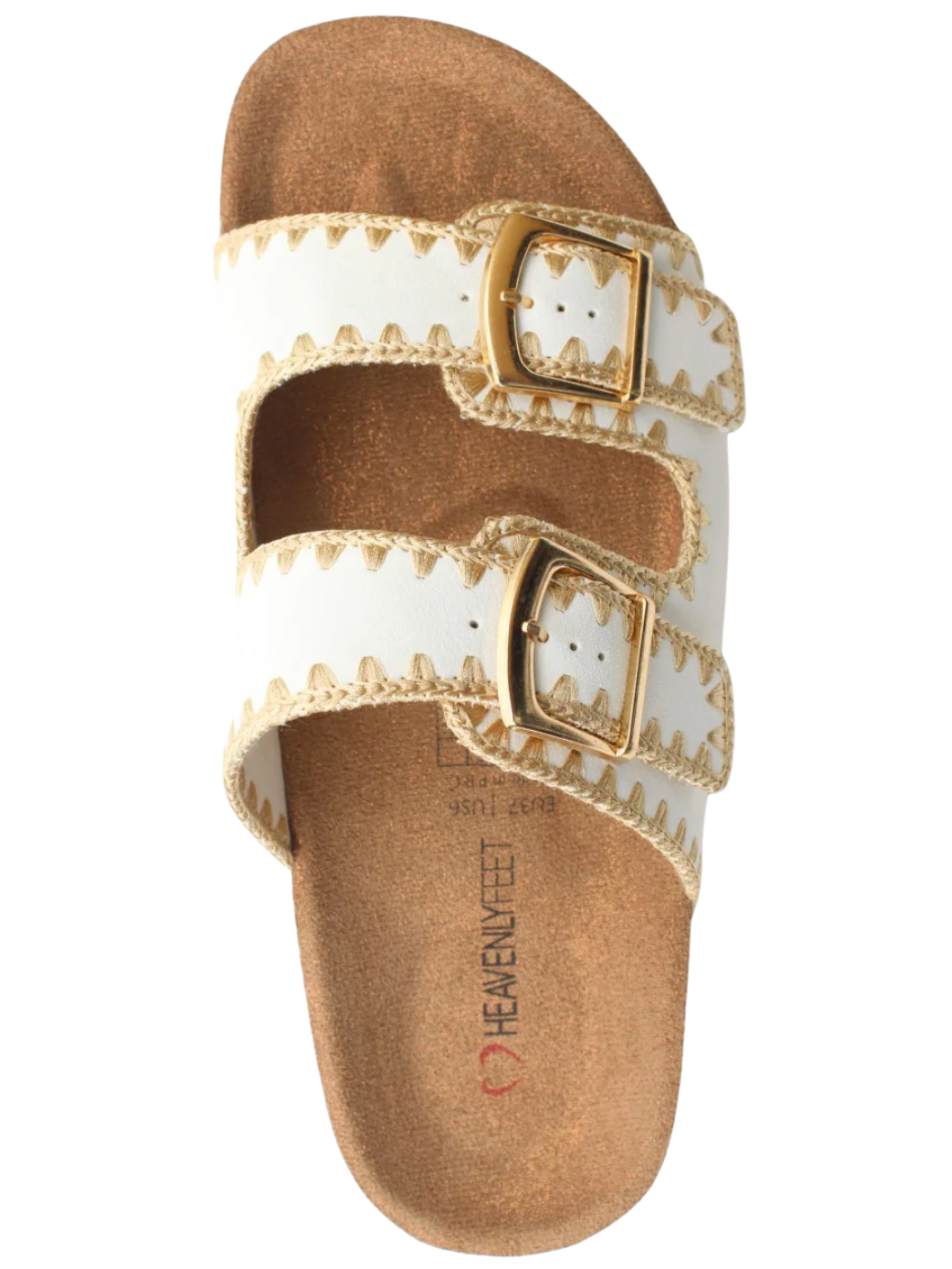 Heavenly Feet Sandy White Sandals with double buckle straps and embroidered detail.