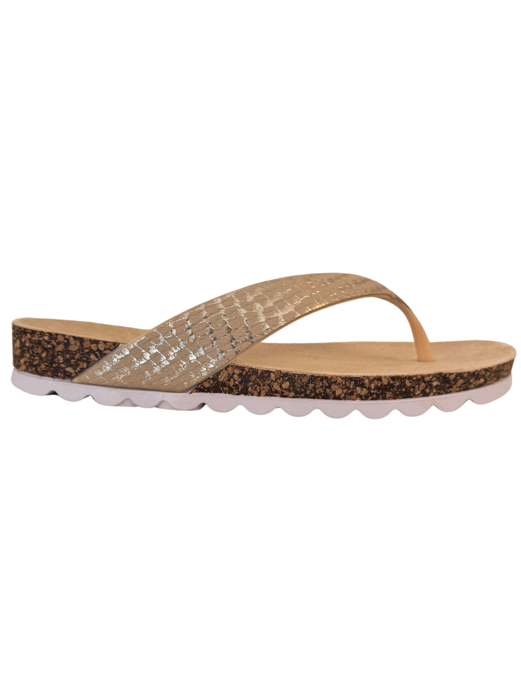 Heavenly Feet Sunlight Beige Gold sandals with toe-post design, cushioned sole and textured strap.