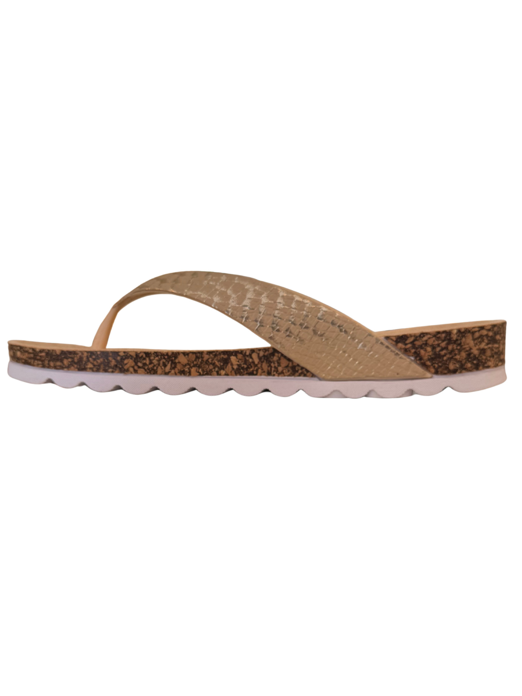 Heavenly Feet Sunlight Beige Gold sandals with toe-post design, cushioned sole and textured strap.