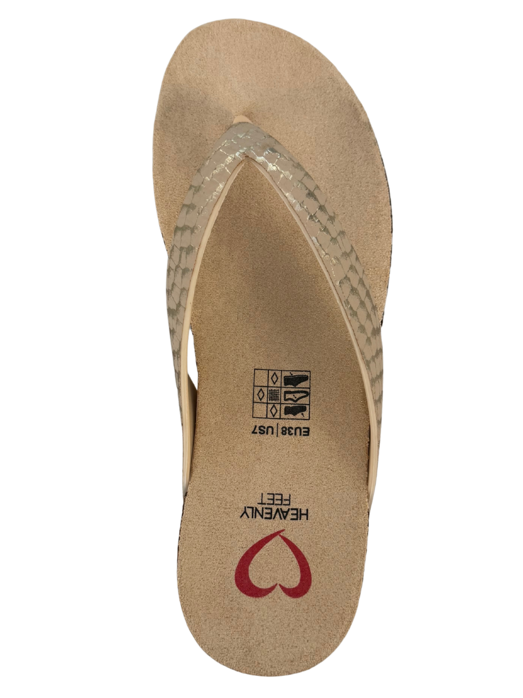 Heavenly Feet Sunlight Beige Gold sandals with toe-post design, cushioned sole and textured strap.