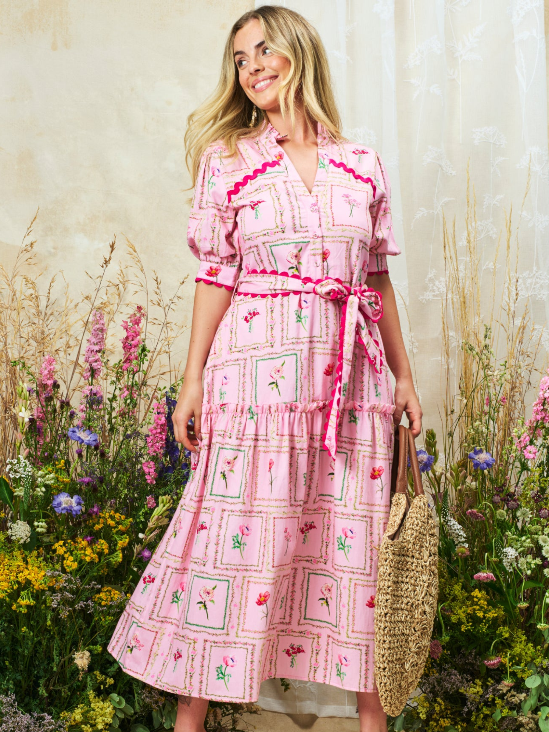 Hope & Ivy Fern Pink Floral Dress with button front, tie waist and tiered midi skirt.