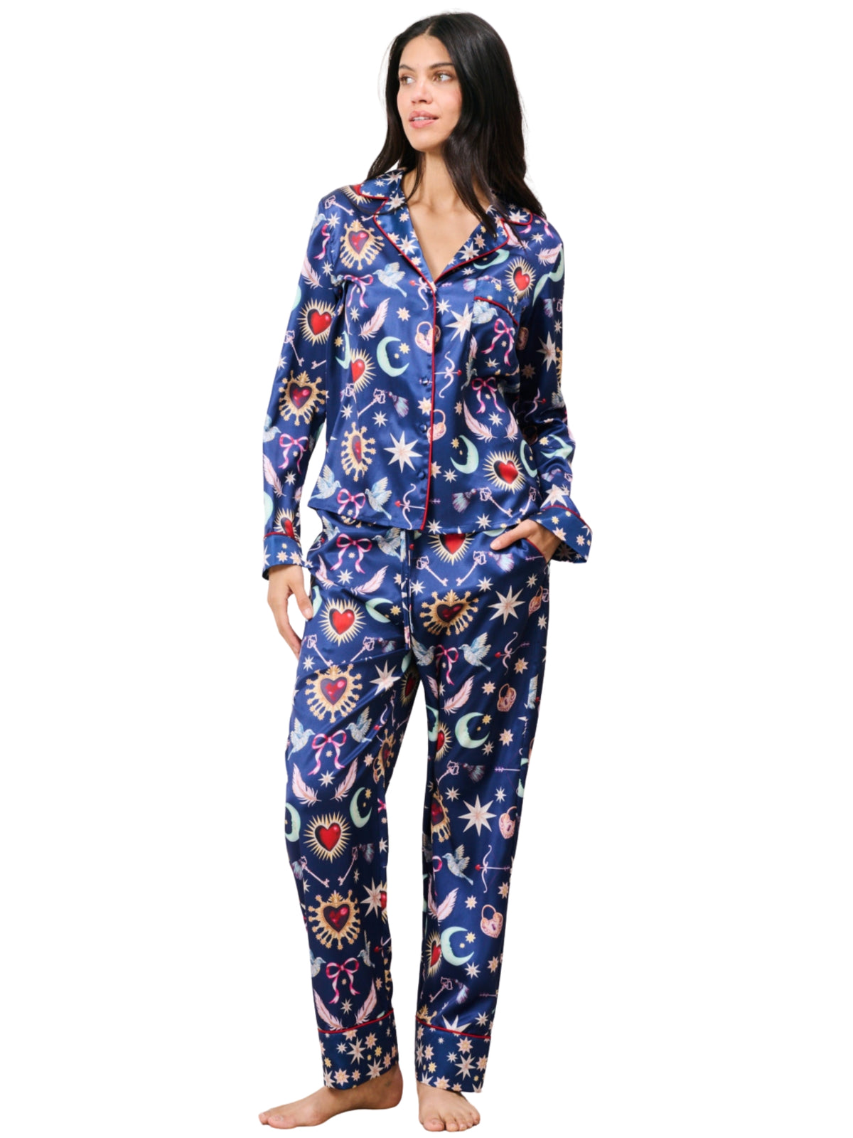 Hope & Ivy Friday Patterned Pyjamas with celestial print, button-through top, contrast piping and matching trousers.