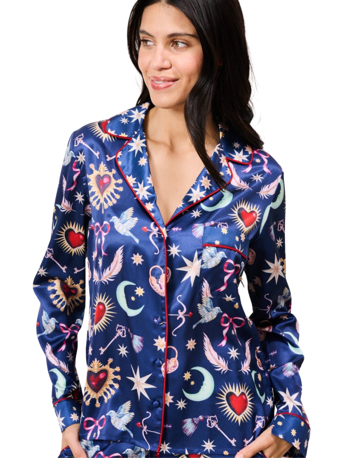 Hope & Ivy Friday Patterned Pyjamas with celestial print, button-through top, contrast piping and matching trousers.