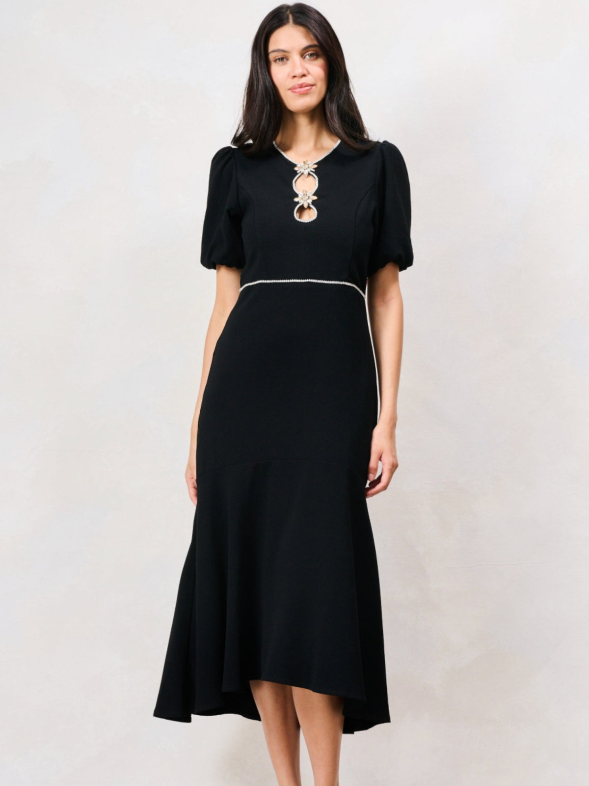 Hope & Ivy Sutton Puff Sleeve Diamond Trim Detailed Midi Dress with keyhole front, floral embellishments and flared hem.