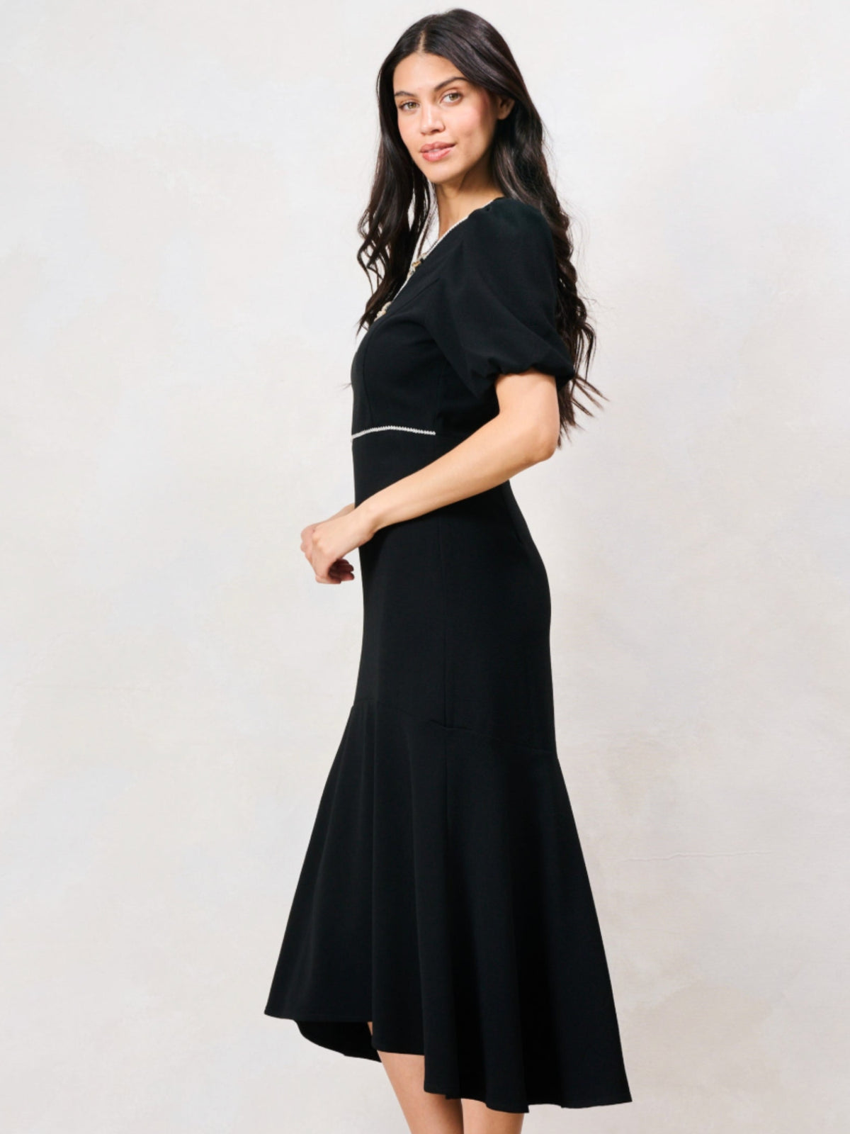 Hope & Ivy Sutton Puff Sleeve Diamond Trim Detailed Midi Dress with keyhole front, floral embellishments and flared hem.