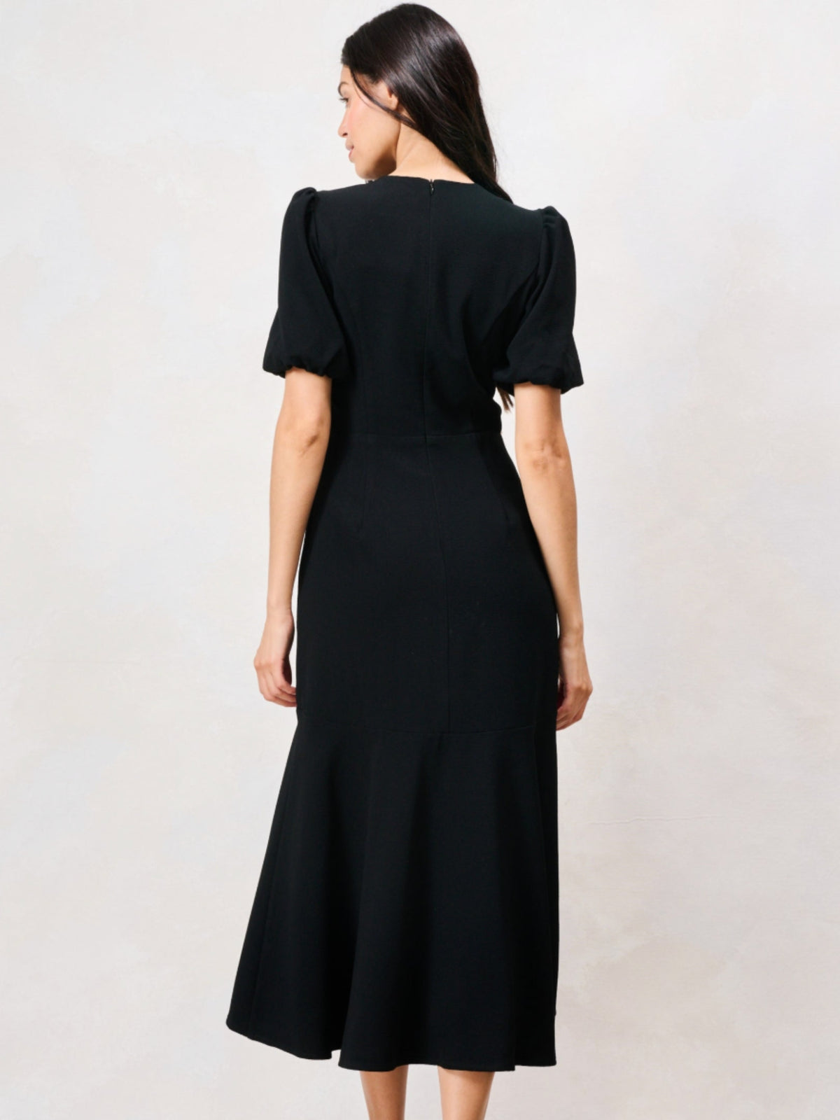 Hope & Ivy Sutton Puff Sleeve Diamond Trim Detailed Midi Dress with keyhole front, floral embellishments and flared hem.