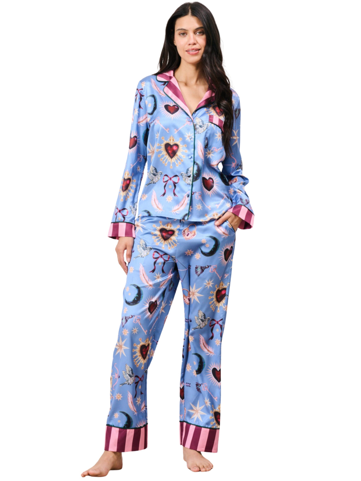Hope & Ivy Thursday Patterned Pyjamas with celestial print, button-through top, contrast striped trim and matching trousers.