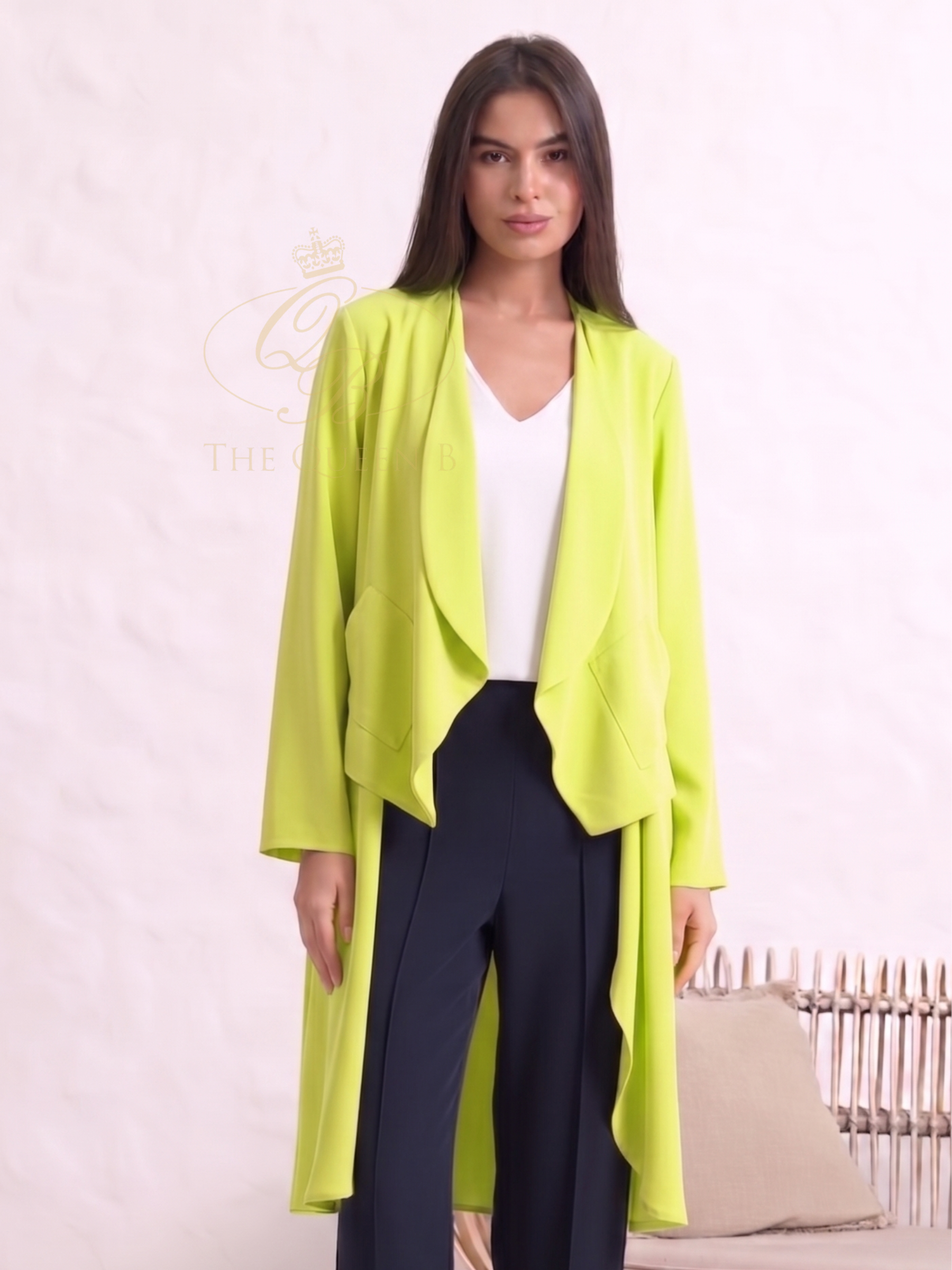 Inco 1206 waterfall jacket with soft draped front and longline silhouette.