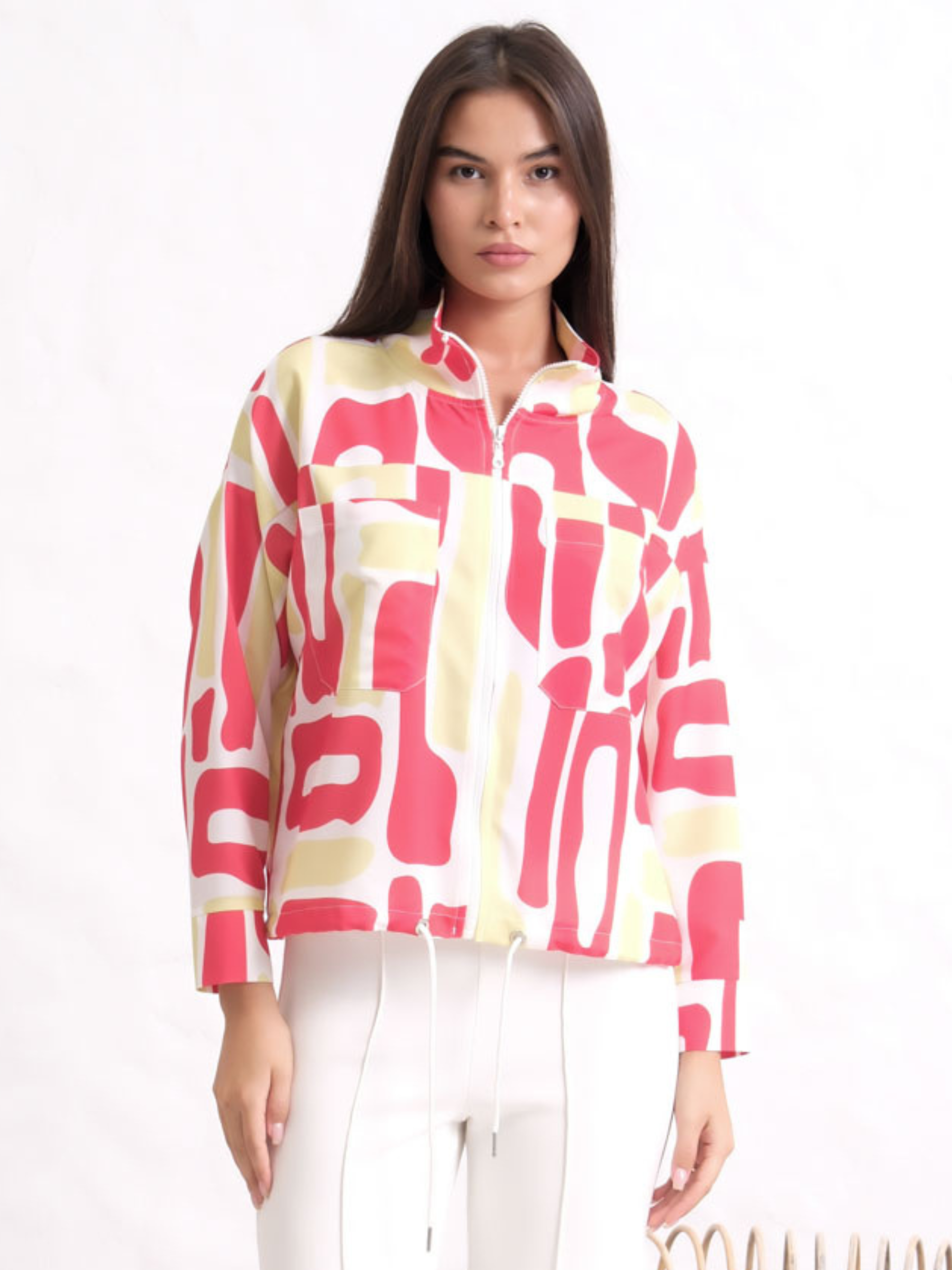 Inco 1215 zip up jacket with abstract print, high neckline and drawstring hem.
