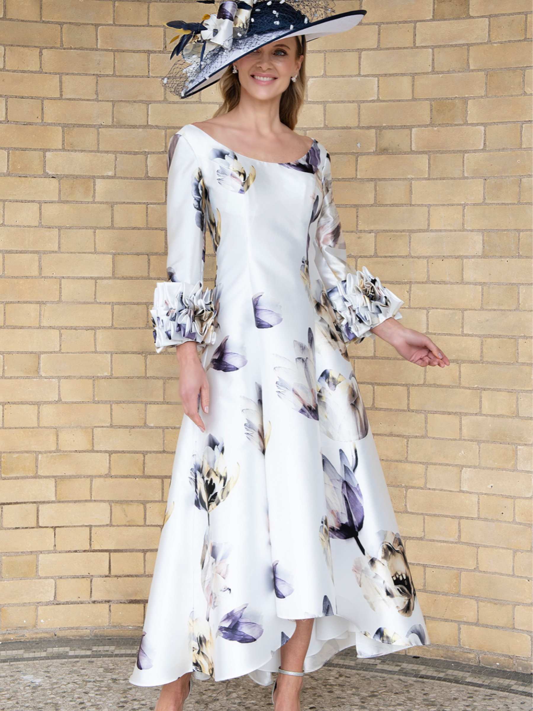 Irresistible IR8805G Lime/Lemon Dress with a square neckline, tiered ruffle sleeves and a flowing high-low A-line skirt - an elegant floral occasion dress ideal for weddings and summer events.