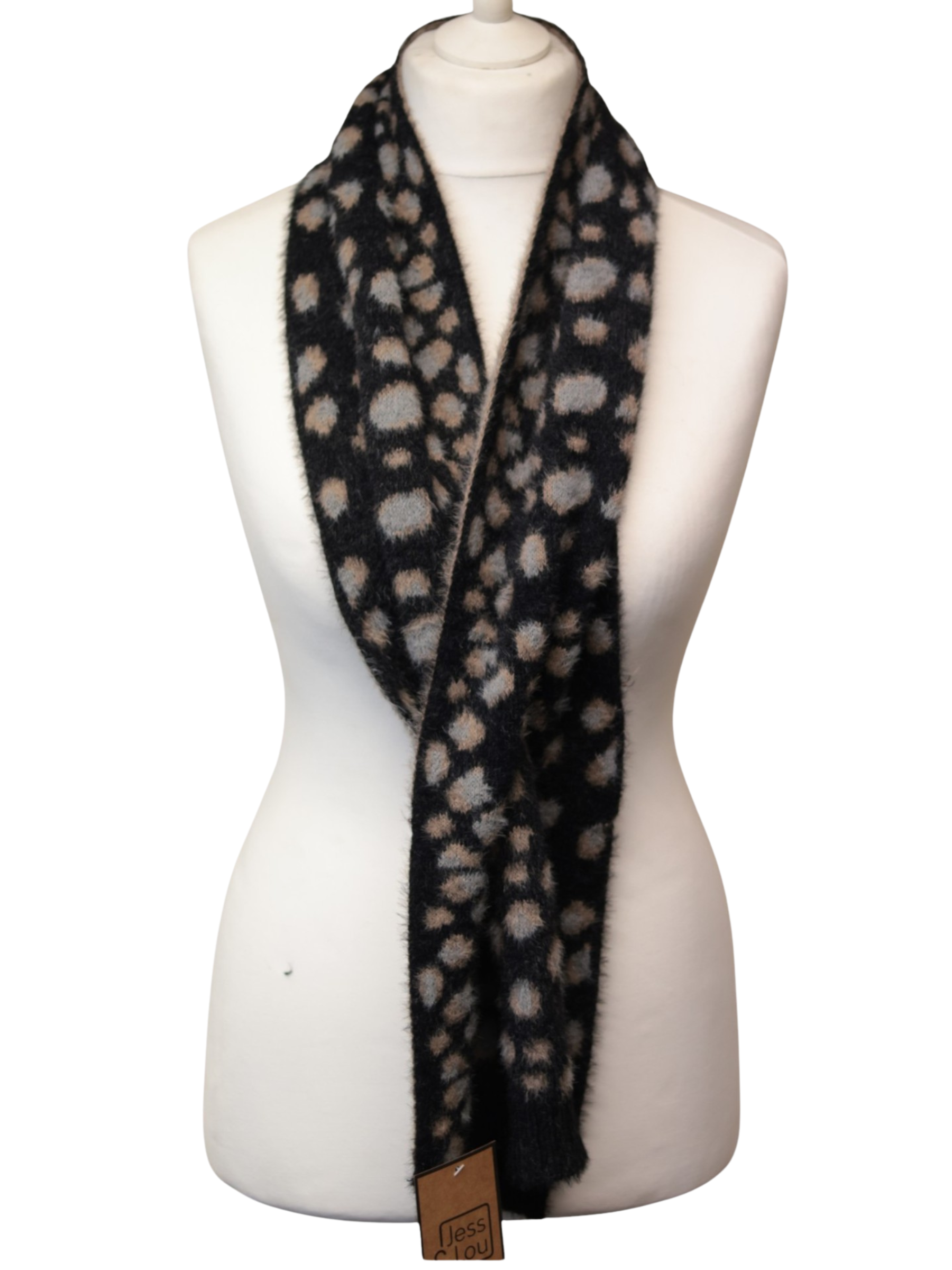 Jess & Lou AS101 Leopard Pull Though Fluffy Scarf in a soft fluffy knit with leopard print and pull-through design.