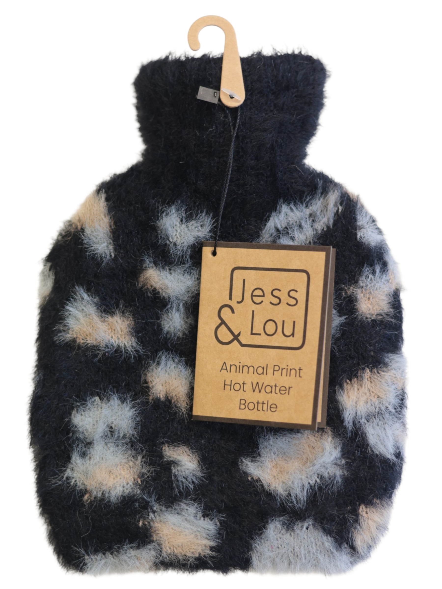Jess & Lou CC133 Animal Print Mini Hot Water Bottle with fluffy knit cover and compact 500ml design.