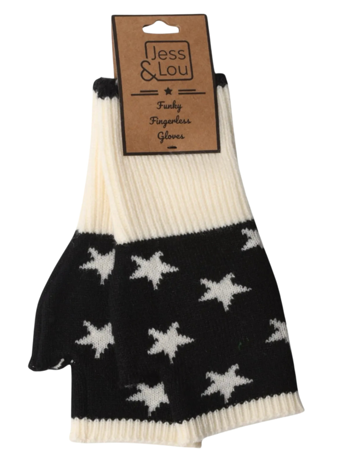 Jess & Lou GL113 Star Fingerless Gloves with bold star pattern, fingerless design and ribbed cuffs.